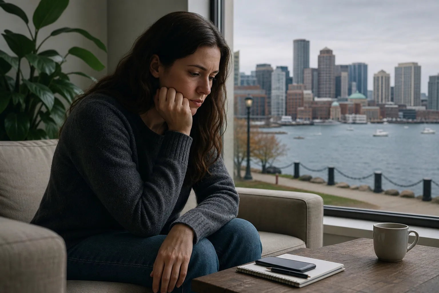 Pensive woman sitting by a window, resting her chin on her hand beside a notebook, phone, and mug.