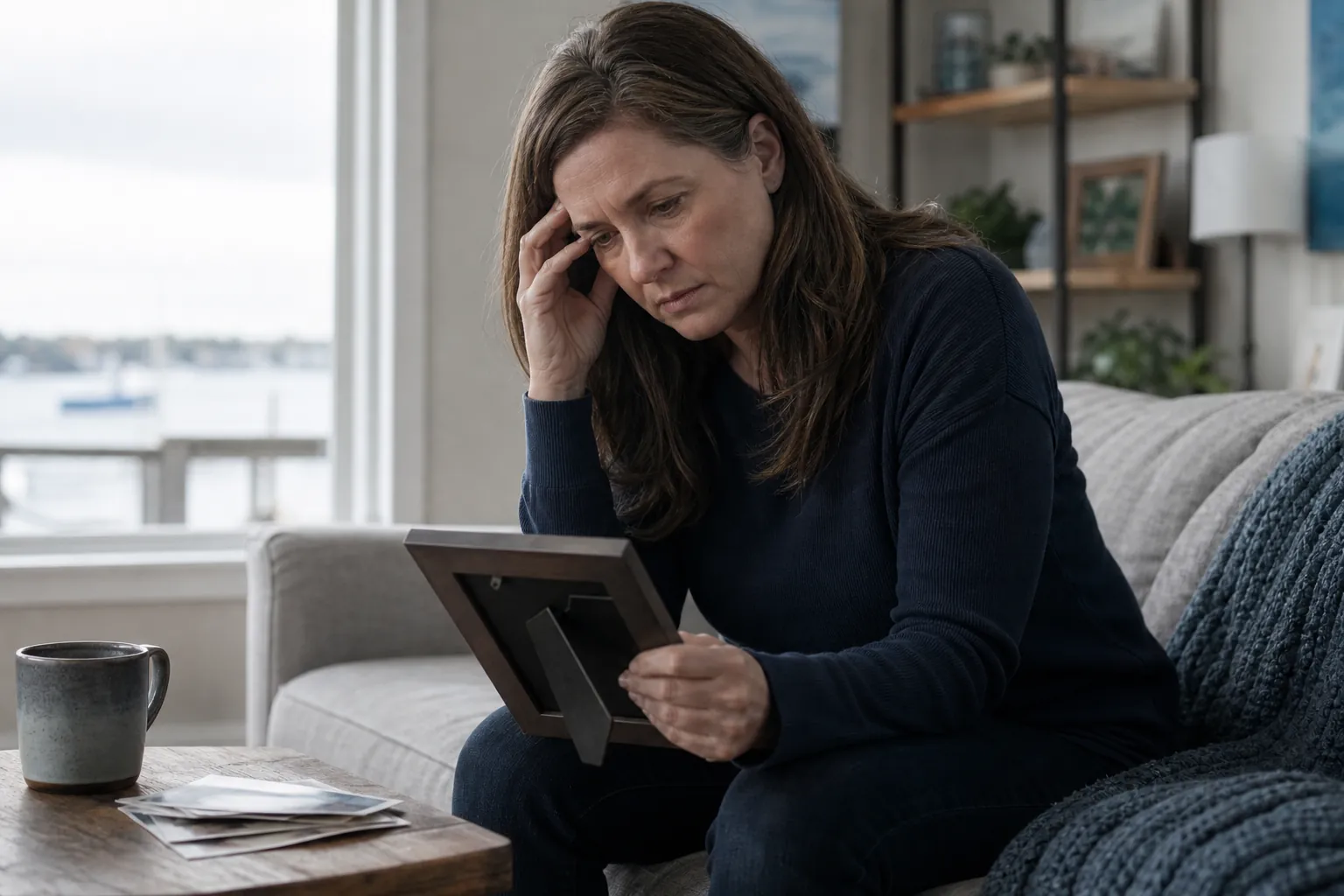 A somber woman sits on a sofa, touching her temple while looking at a framed photograph in her hands.