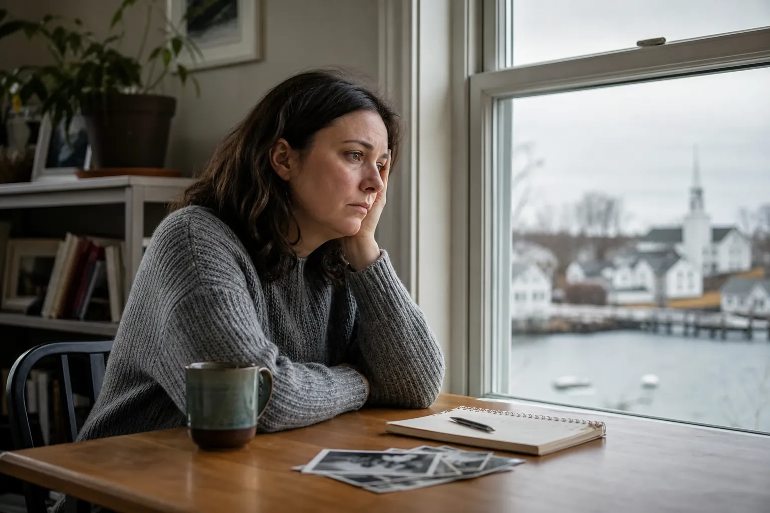 A somber woman sits at a table by a window with a notebook, coffee mug, and scattered black-and-white photographs.