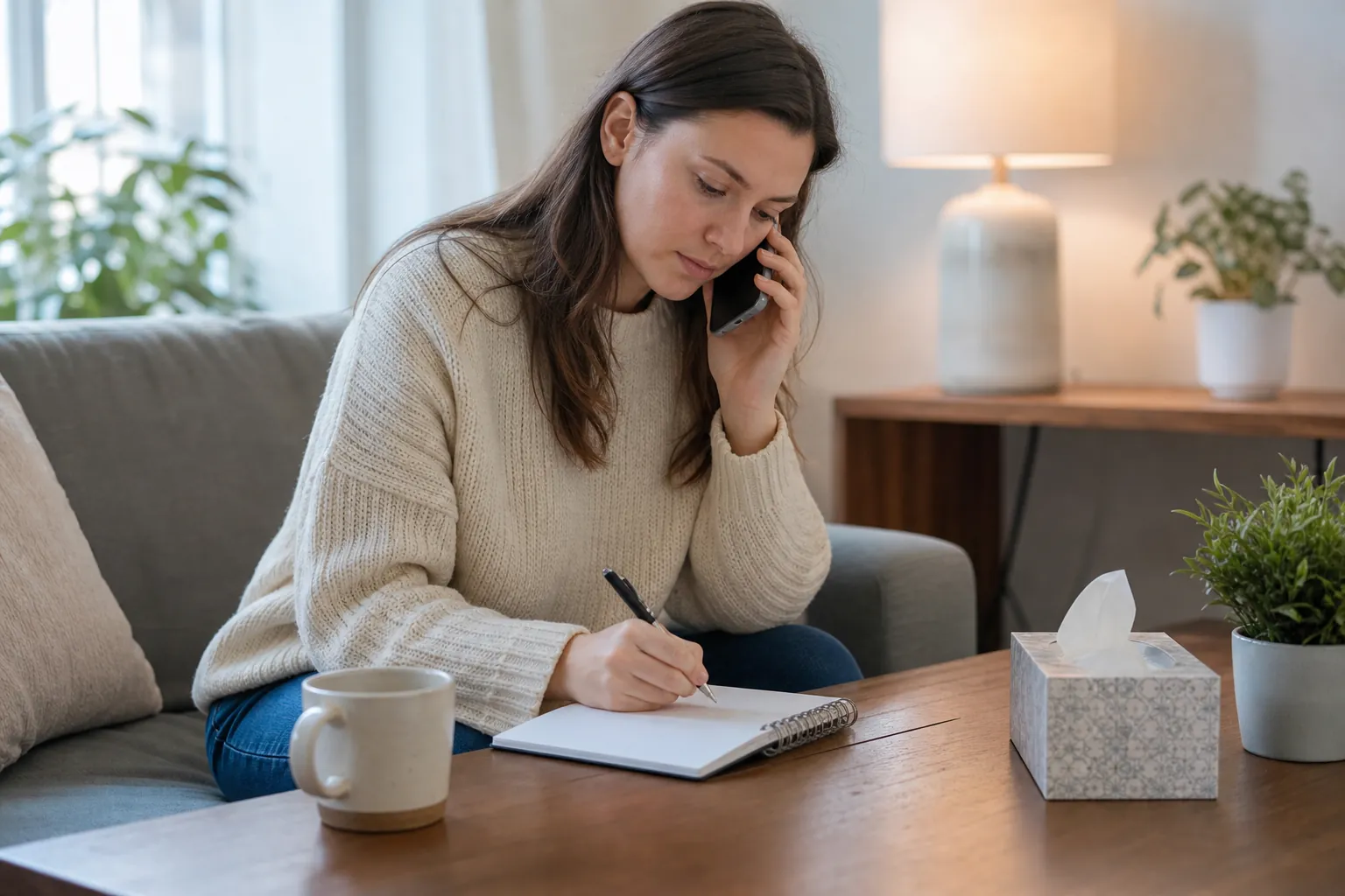 Woman Taking Notes During a Phone Call at Home A woman in a cream sweater sits on a gray sofa, holding a phone to her ear and writing in a notebook on a coffee table.