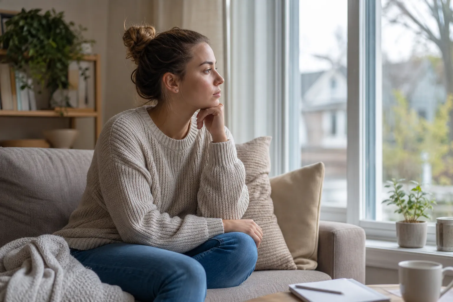 Pensive Woman Sitting on a Sofa Beside a Window A woman in a gray sweater and jeans sits on a sofa, resting her chin on her hand as she gazes out a large window.
