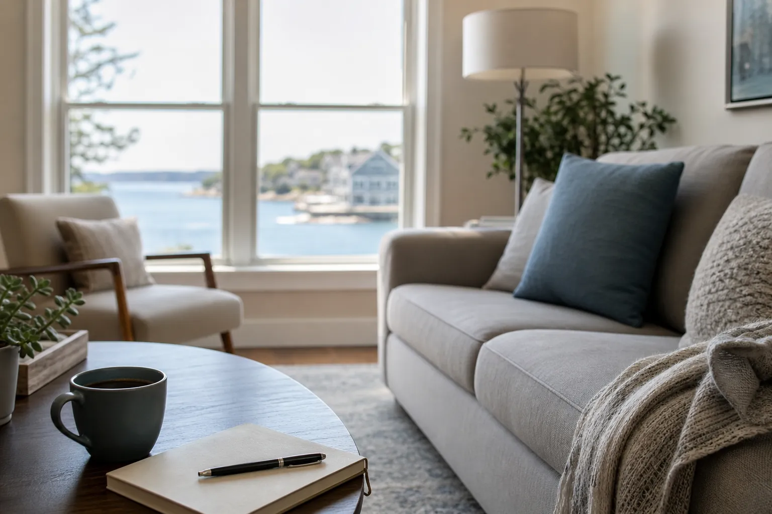 Quiet counseling room with a sofa, armchair, coffee mug, notebook, and large windows overlooking the water.