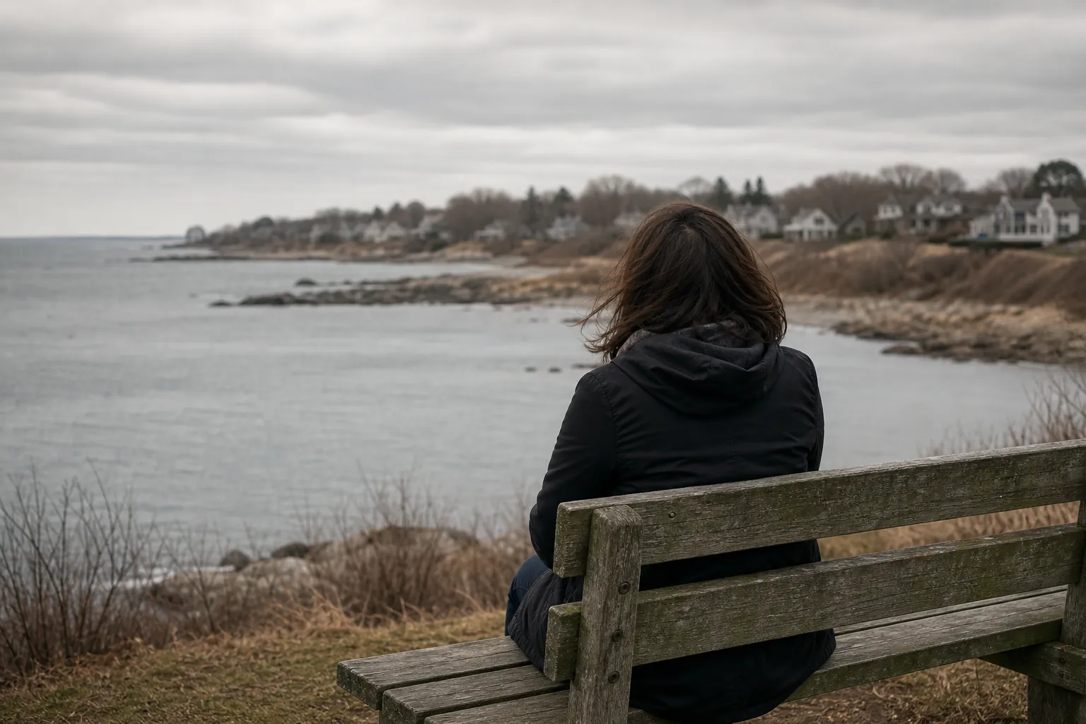A solitary adult in a black coat sits on a weathered bench overlooking a gray, overcast Massachusetts coastline.