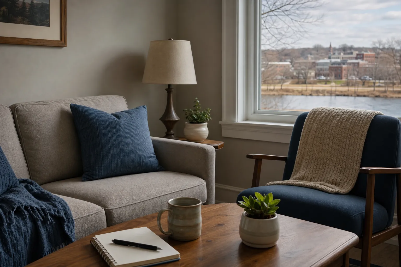 Quiet counseling room overlooking a riverfront town Quiet counseling room with a sofa, armchair, notebook, mug, plants, and a riverfront town visible through the window.