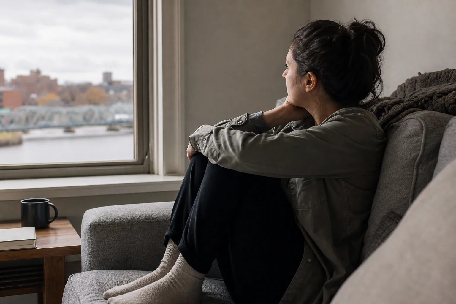 Woman sitting alone and looking out a window A contemplative woman sits curled up on a sofa, looking through a window toward a river and distant city buildings.