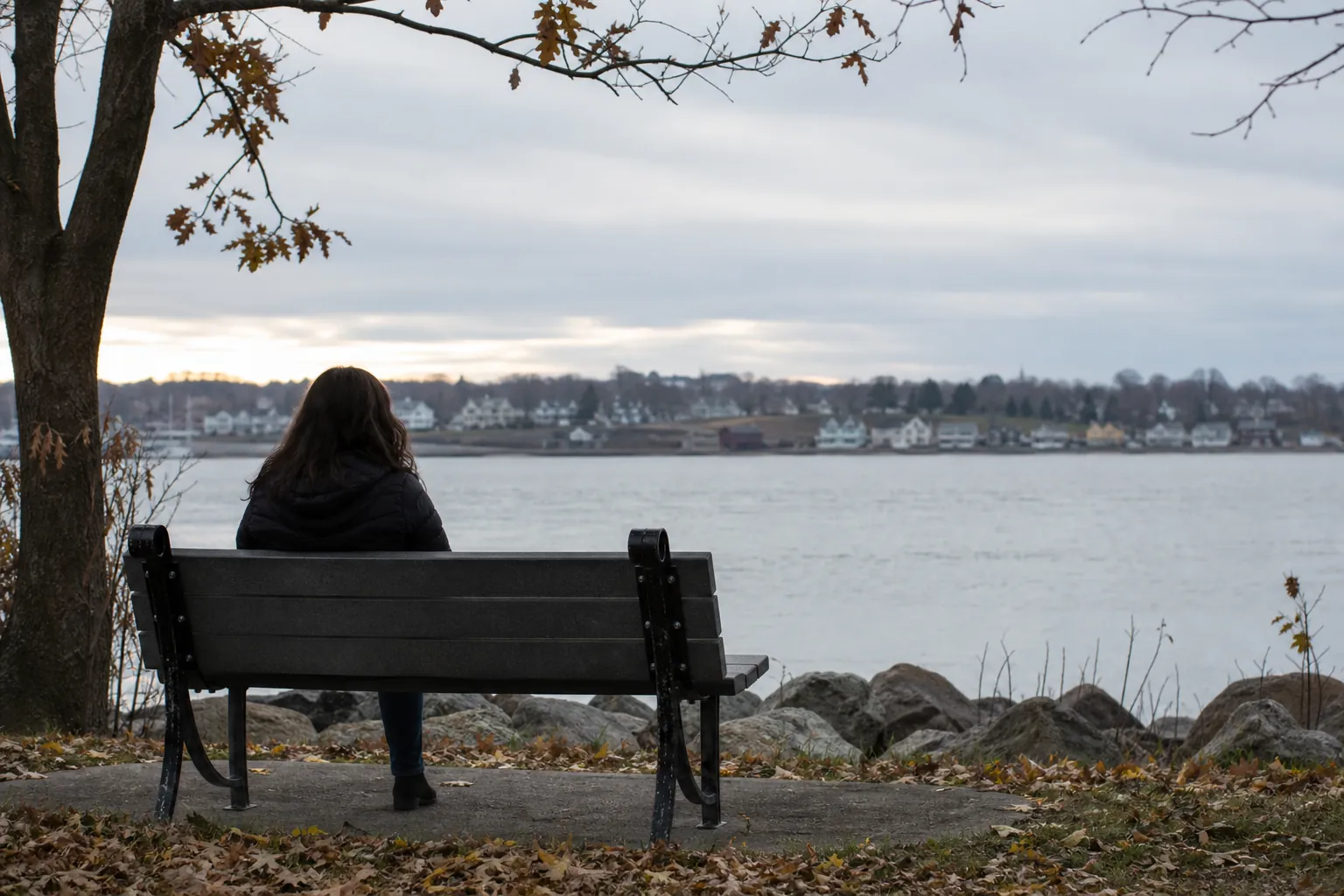 Solitary adult seated on a bench beside the water A solitary adult sits on a park bench facing calm water and distant homes beneath an overcast autumn sky.