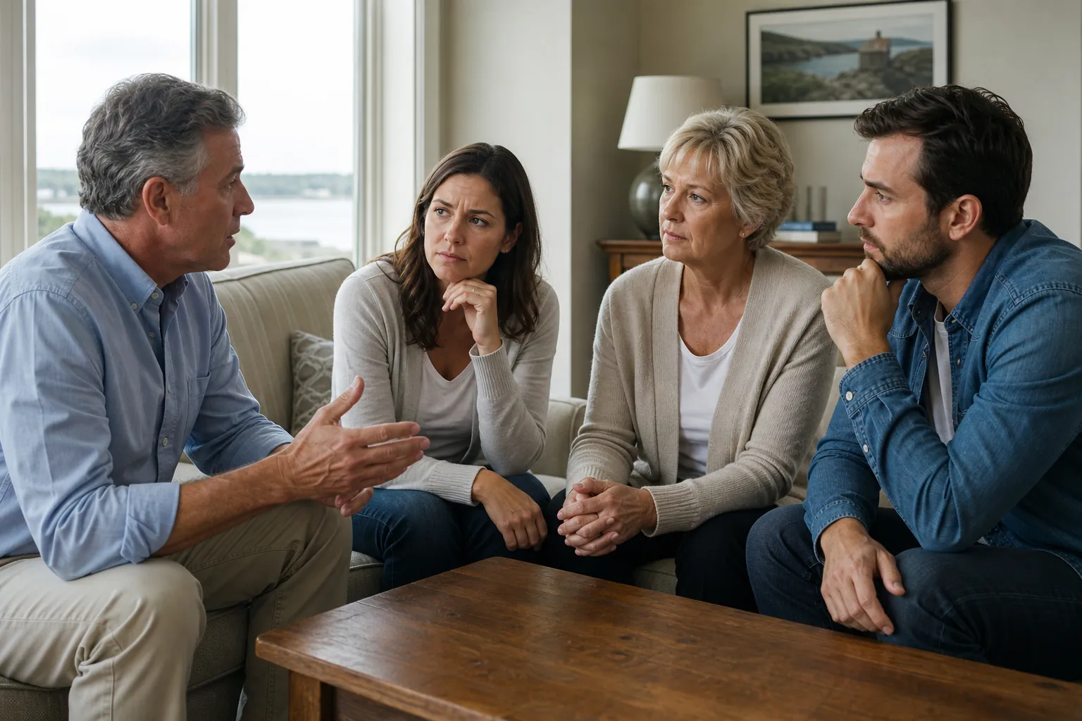 Adults discussing something around a table