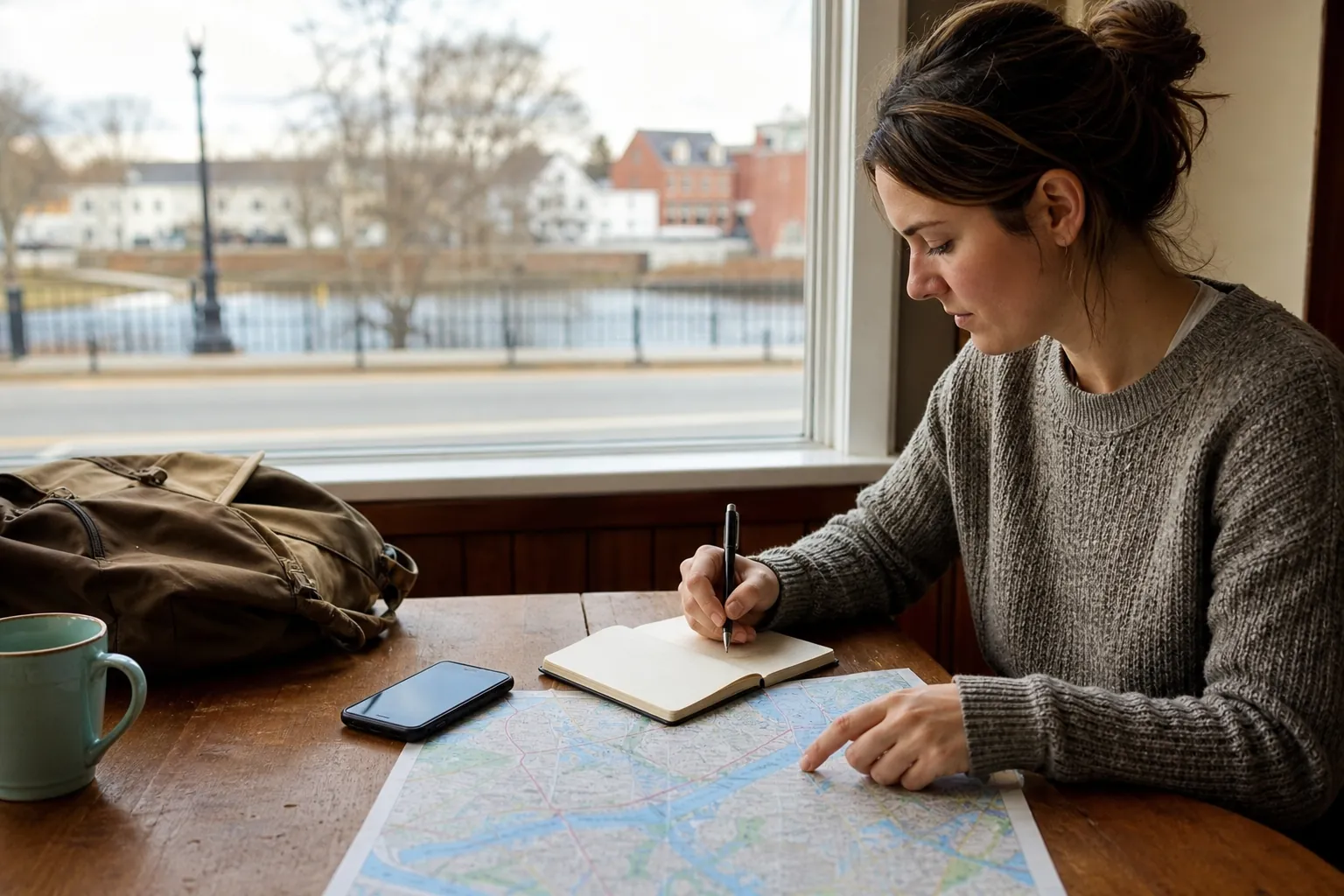 A woman writes in a notebook while pointing at a paper map, with a smartphone, backpack, and mug on a wooden table.