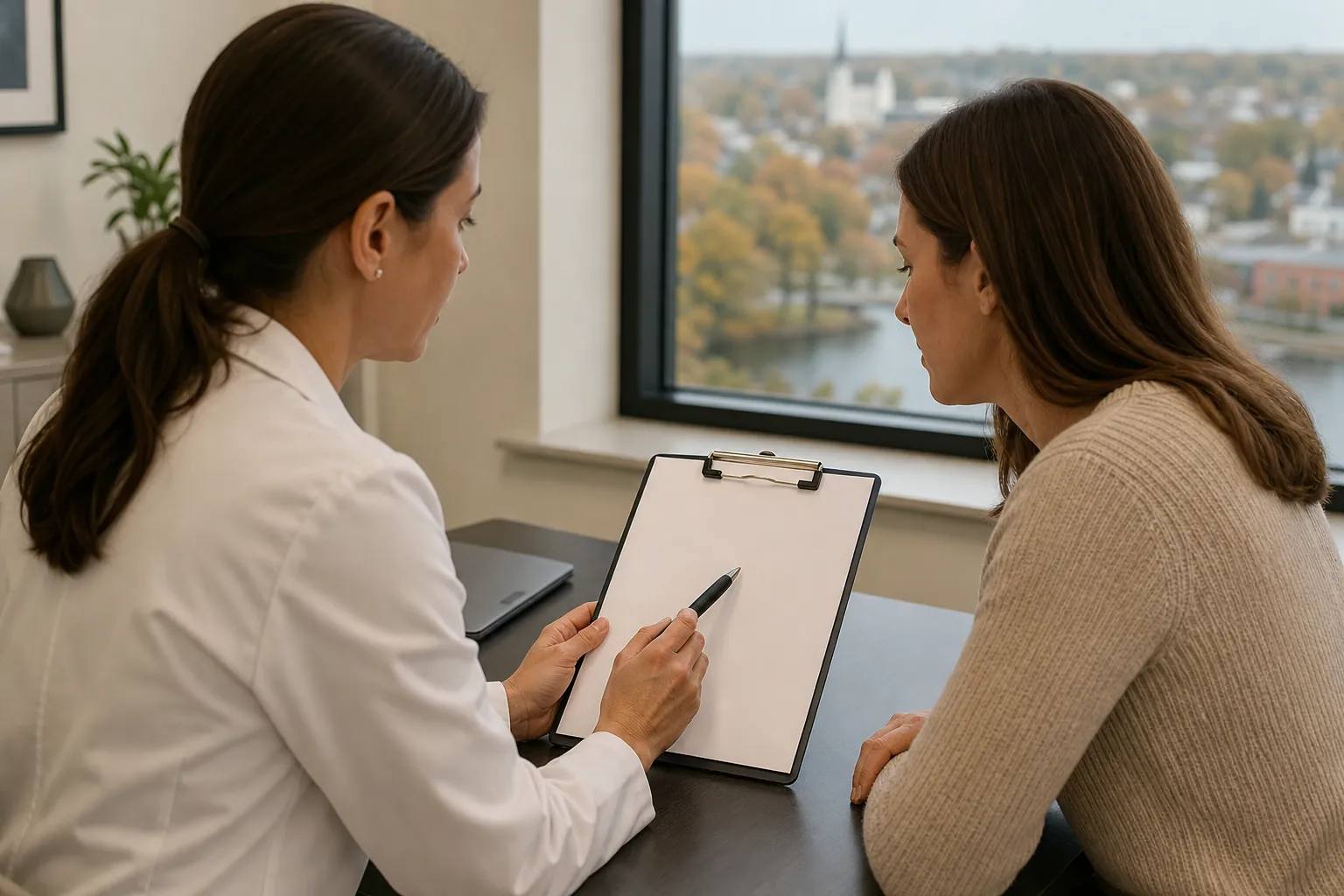 A clinician in a white coat holds a pen over a blank clipboard while meeting with a woman beside a large office window.