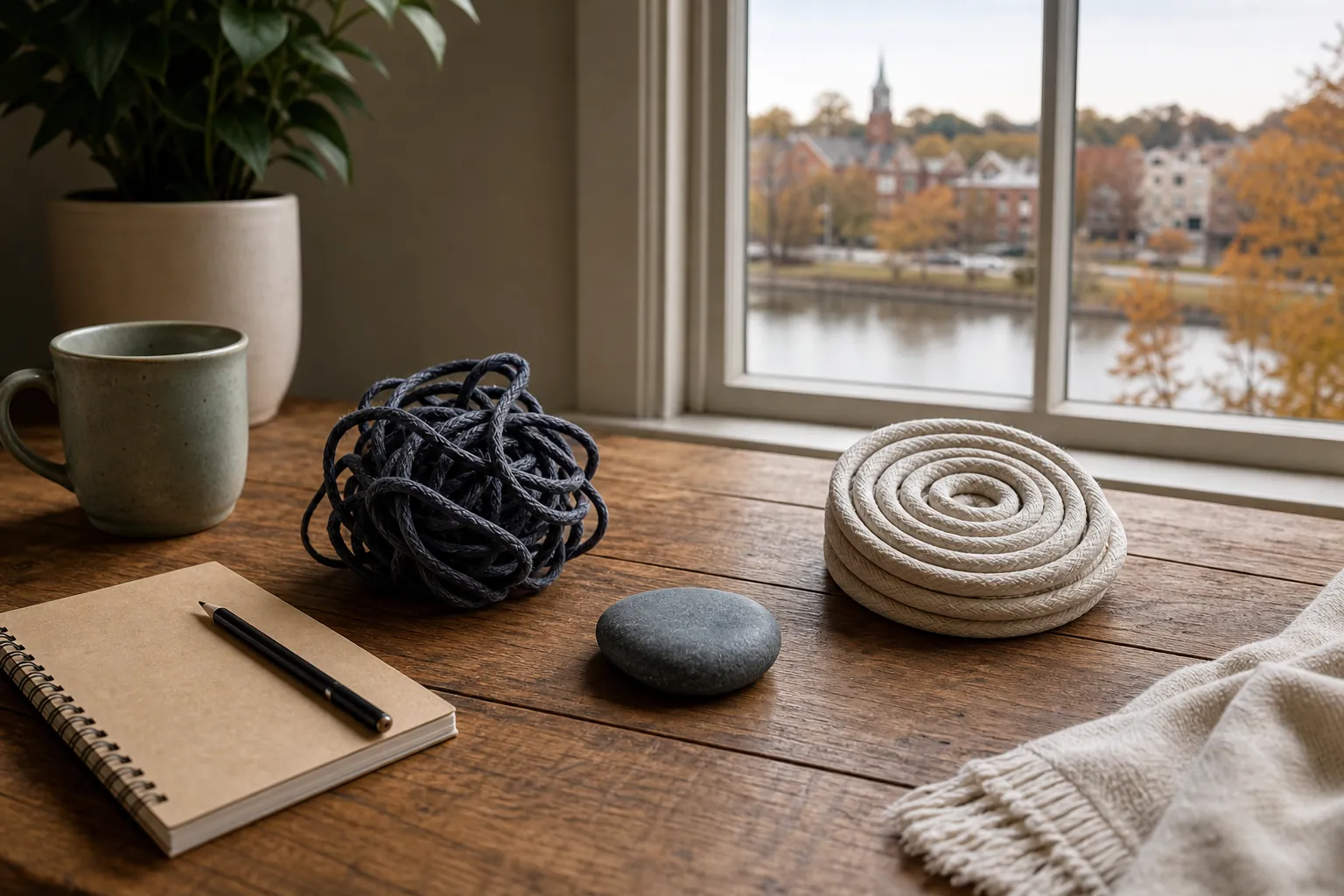Tangled cord and coiled rope on a wooden table A tangled dark cord, coiled white rope, smooth stone, blank notebook and pencil, mug, potted plant, and fringed fabric on a wooden table beside a window.