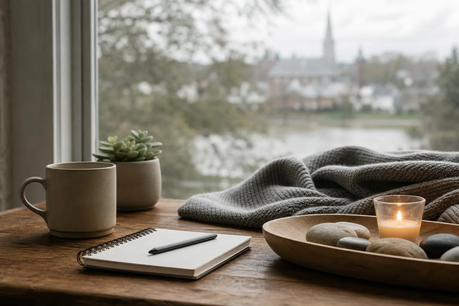 Notebook, mug, plant and candle beside a window A blank spiral notebook and pen, ceramic mug, potted succulent, knitted blanket, and wooden tray with stones and a lit candle beside a window.