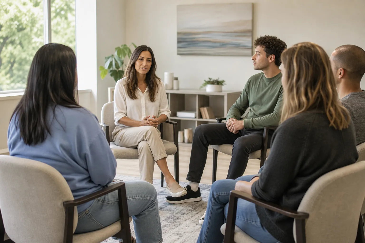 Group Therapy During a Structured Treatment Day Five adults sit in a circle during a group therapy session in a bright, comfortable treatment room.