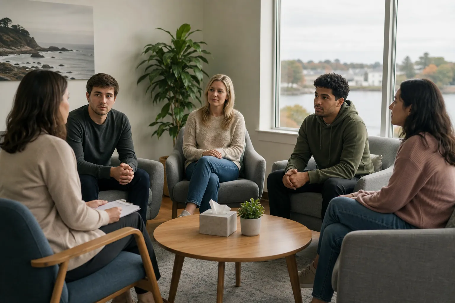 Counselor Leading a Structured Group Therapy Session A counselor with a notepad leads four adults in a seated group therapy discussion in a bright, comfortable room.