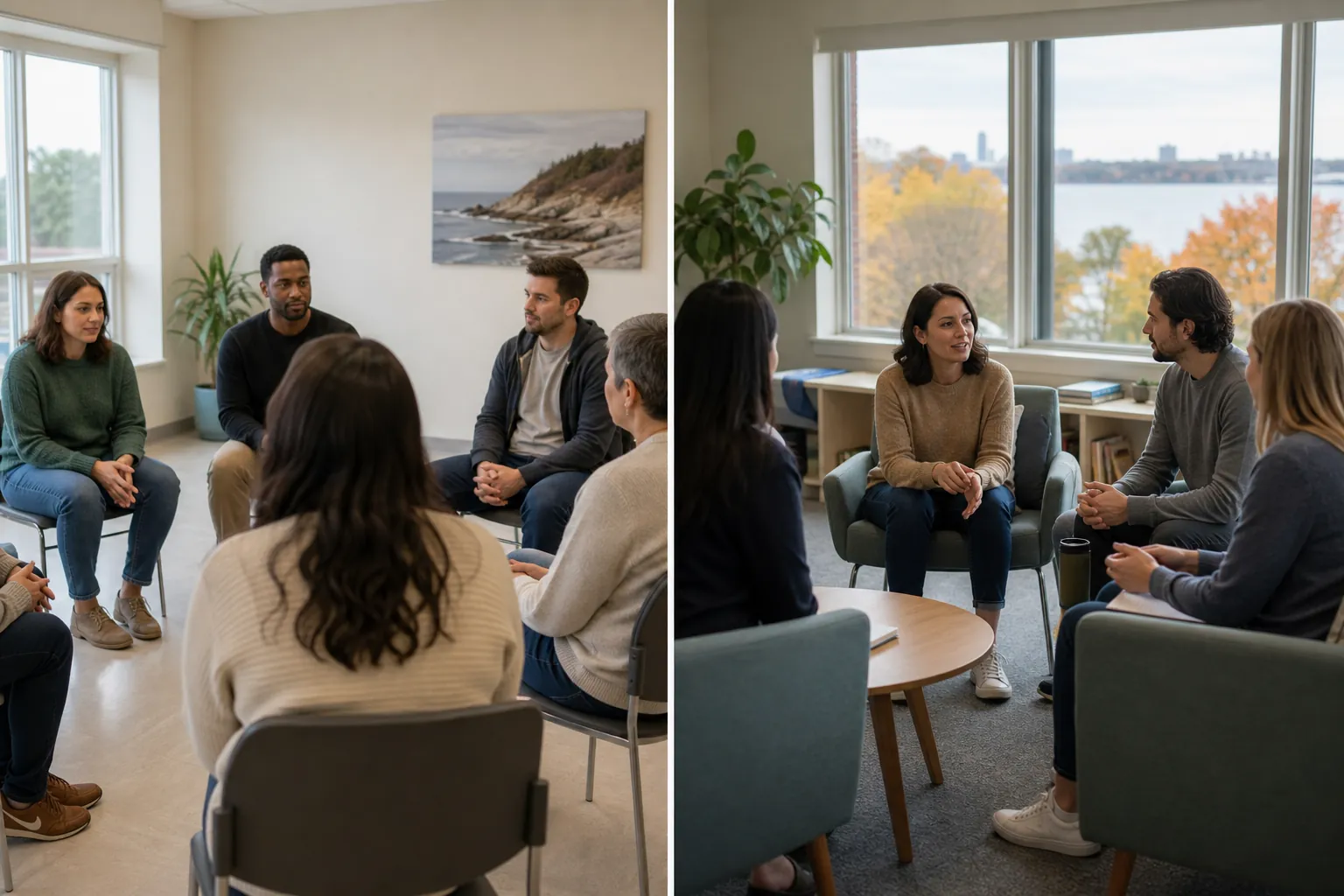Comparison of Two Outpatient Therapy Group Settings Side-by-side views of adults seated in therapy groups in a clinical room and a lounge with large windows.