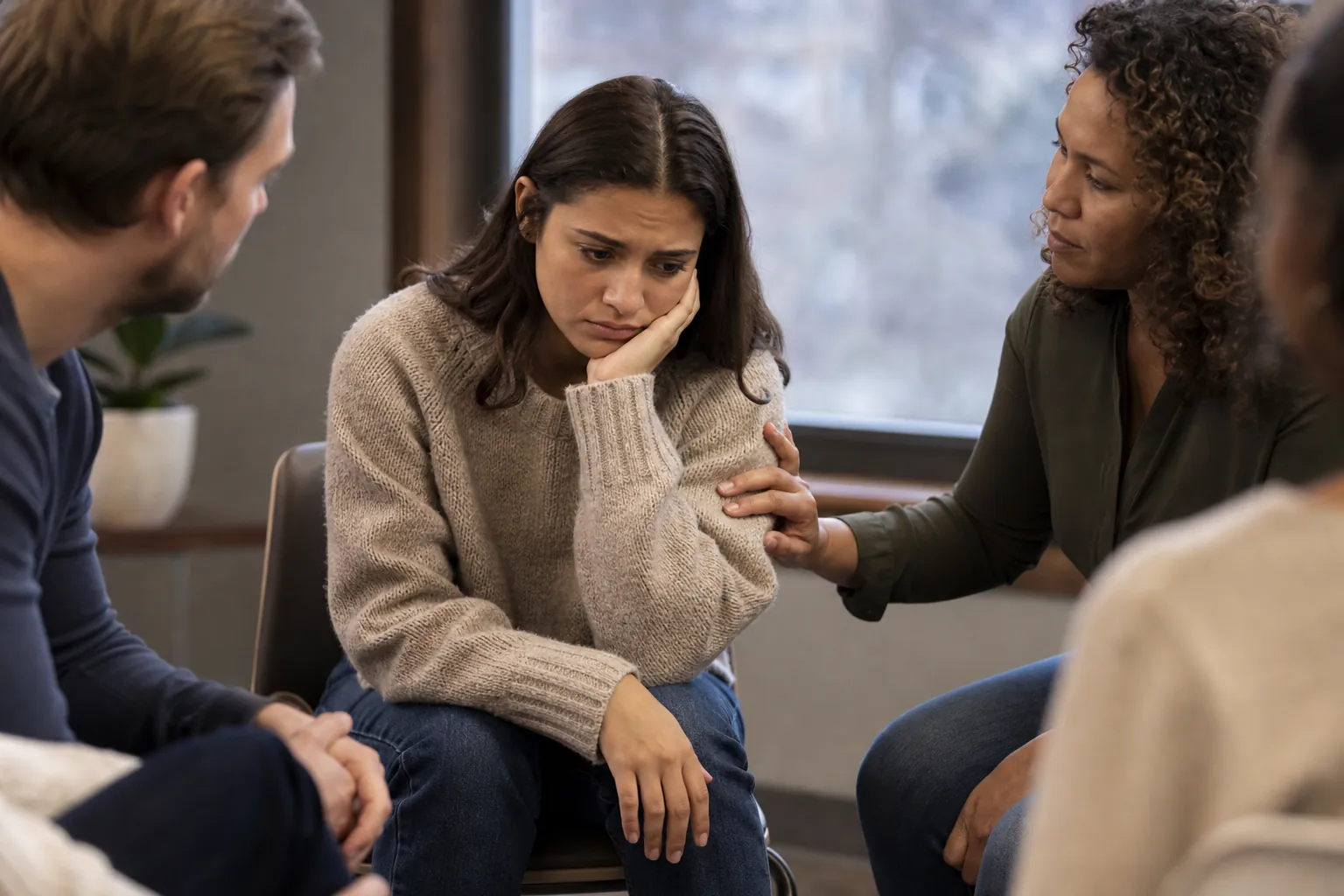 Supportive group discussion with a distressed woman A distressed woman sits with her head in her hand as three people offer support during a small group discussion.