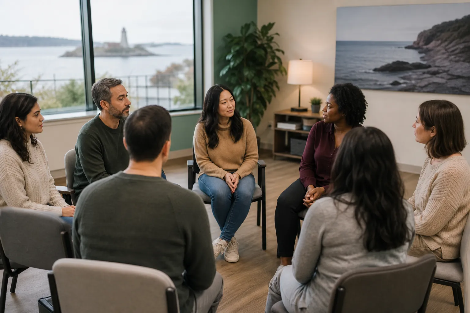 Group Therapy Session in a Supportive Care Setting Seven adults sit in a circle for a group therapy session in a bright room overlooking the coast.