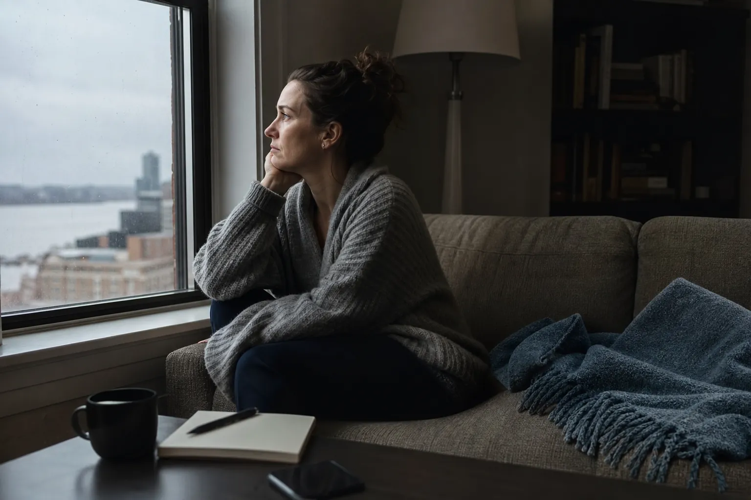Somber woman sitting alone and looking out a window A somber woman in a gray sweater sits curled on a sofa, resting her face on one hand while looking out a window.