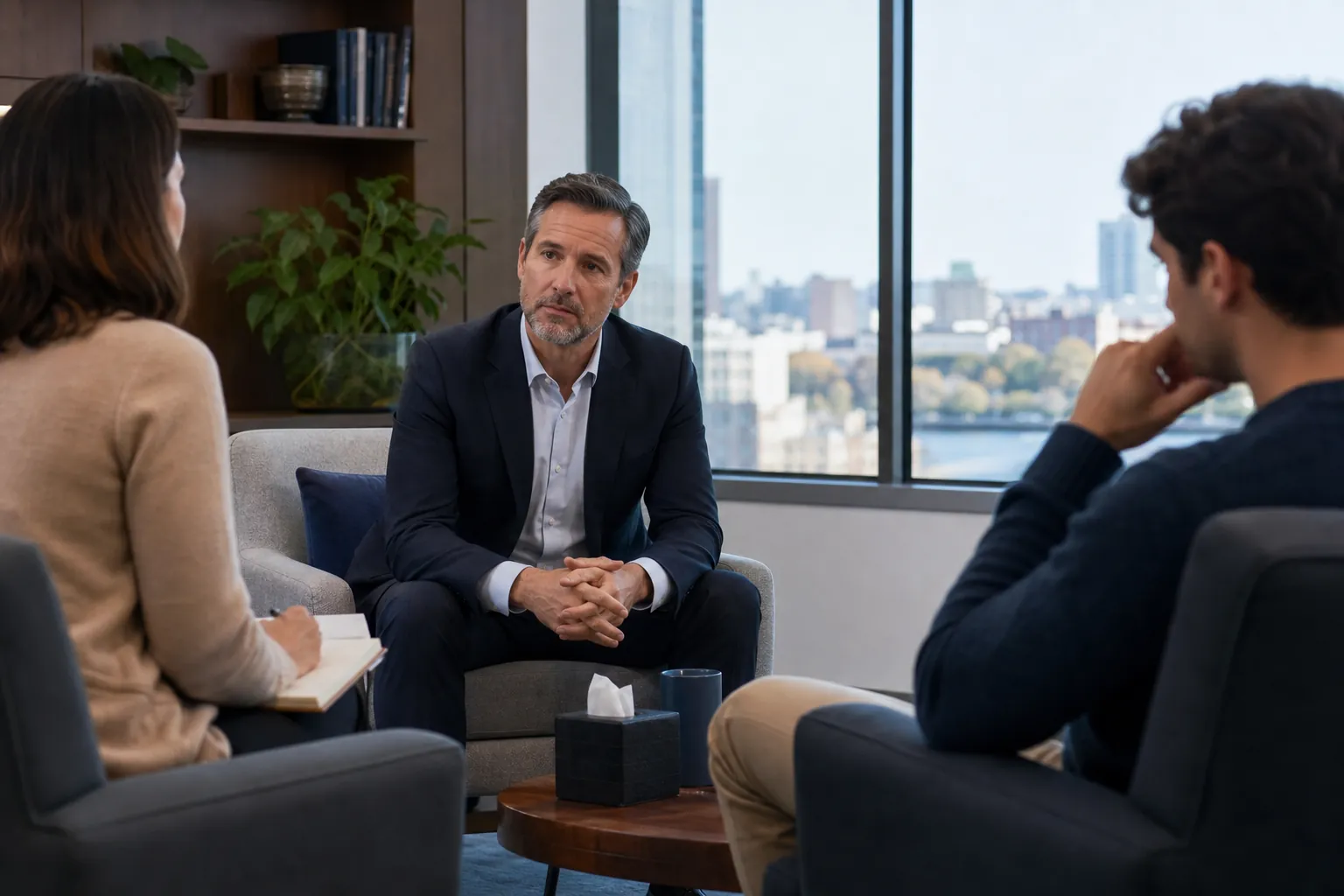 Three adults discuss mental health care in a private office, with one woman taking notes beside a large window.