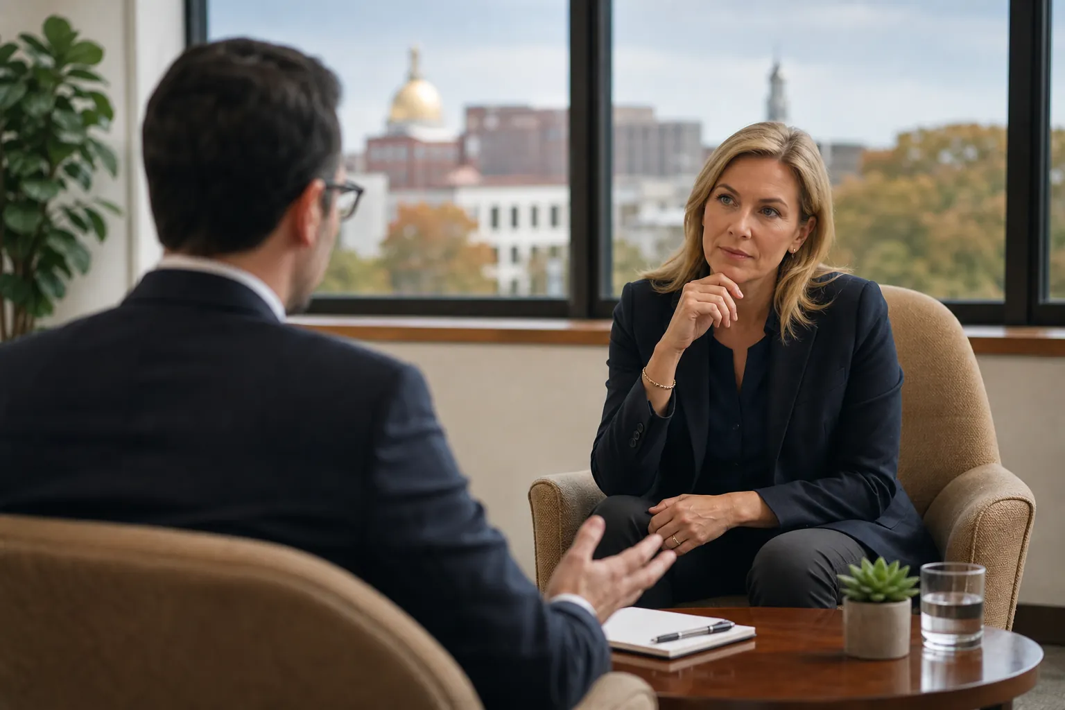 A woman in business attire listens to a man during a private conversation in a professional office.