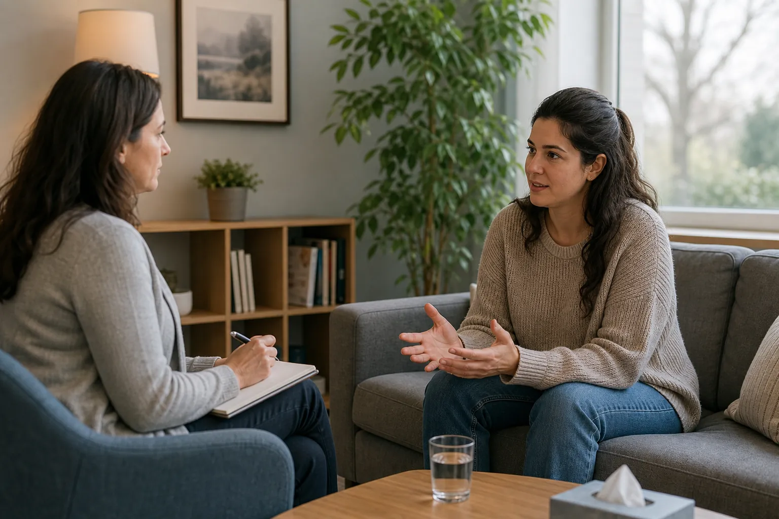 A therapist takes notes while a woman gestures during a counseling session in a comfortable office.