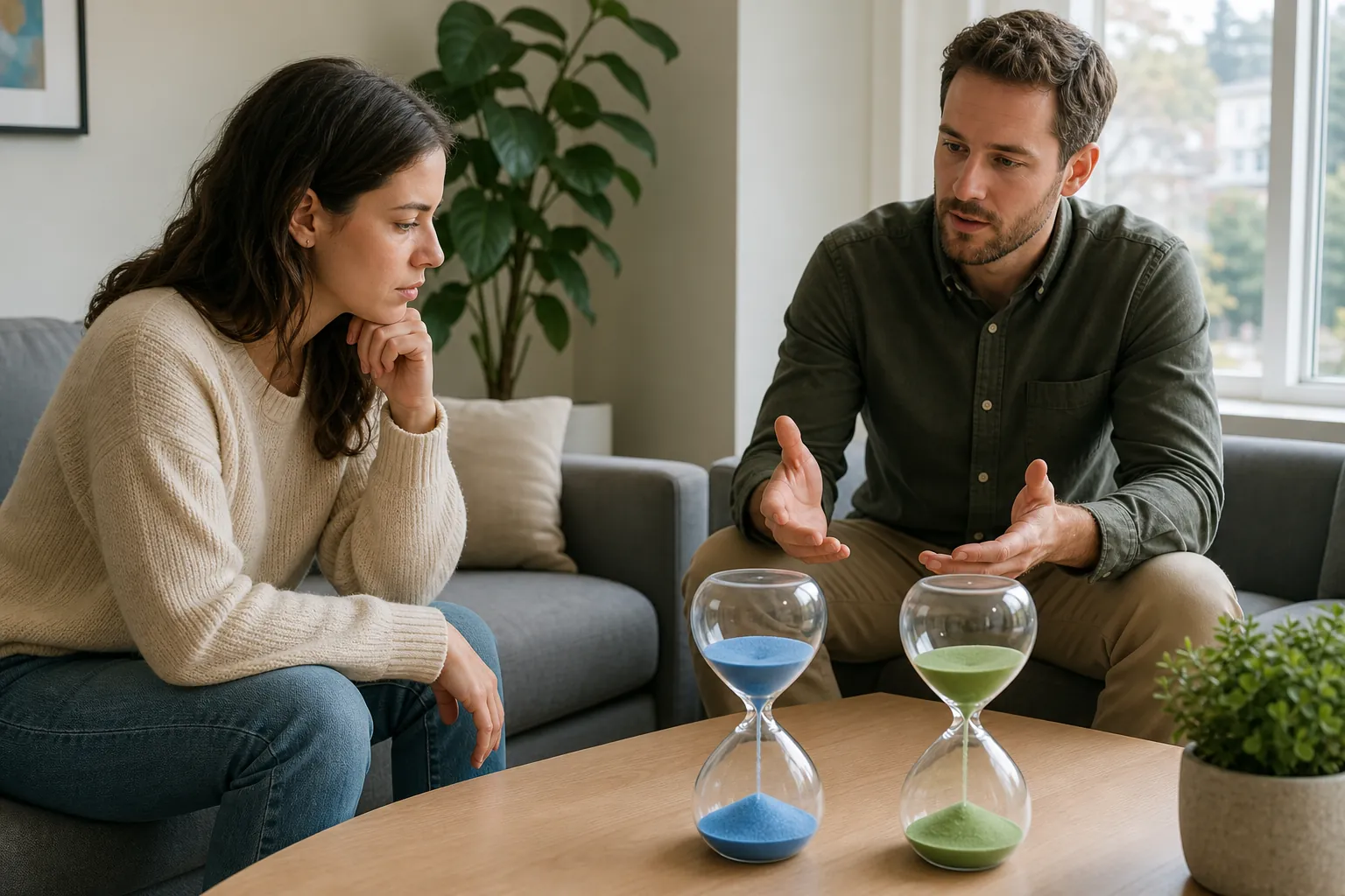 Comparing PHP and IOP Care Schedules A man and woman discuss care schedules beside two hourglasses with blue and green sand on a coffee table.