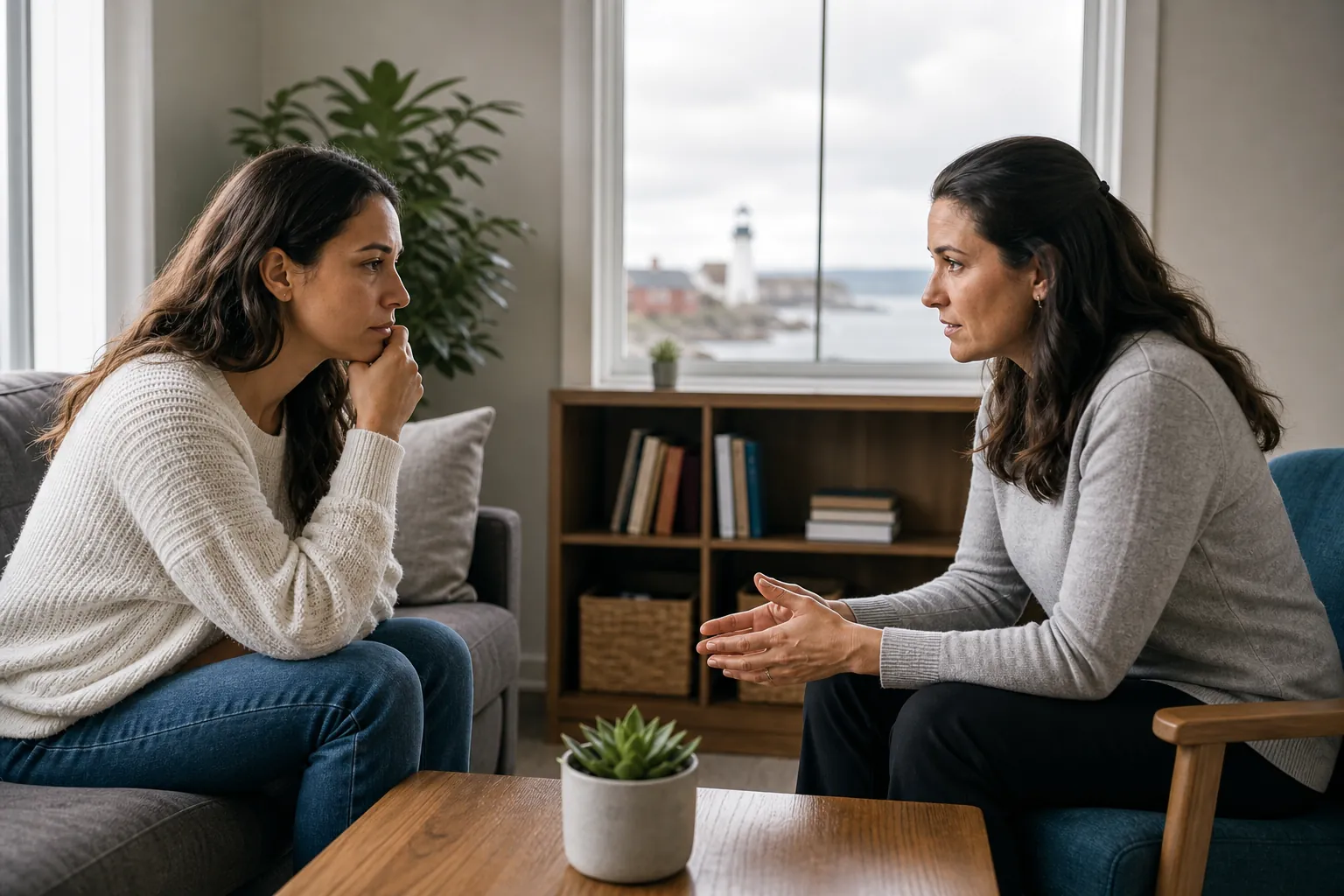 Two Women Discussing Integrated Care in Counseling Two women sit facing each other in a counseling setting, having a serious conversation about care and support.
