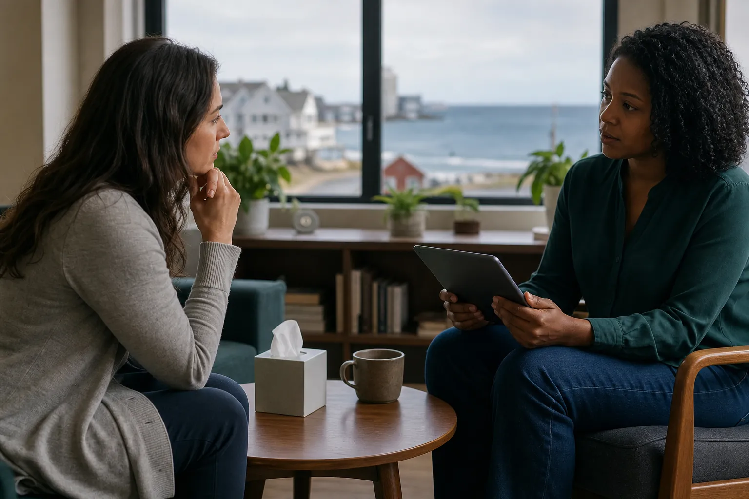 A counselor holding a tablet speaks with a woman beside a tissue box and mug in a quiet office overlooking the coast.
