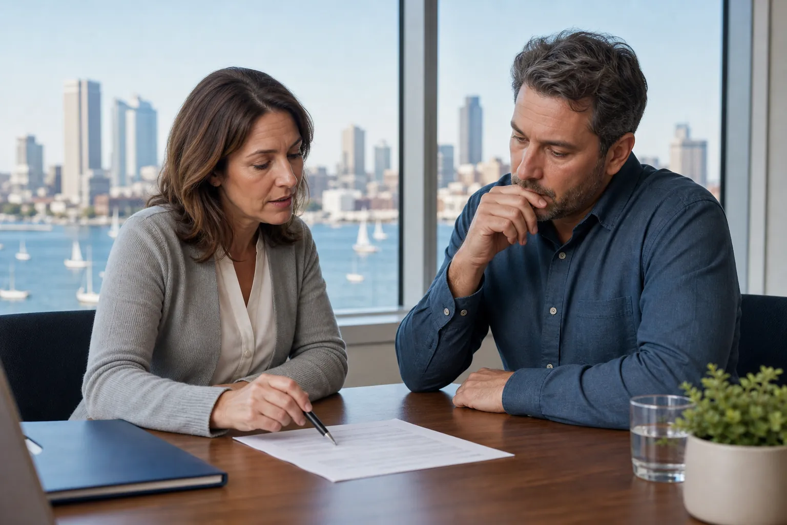 A woman points to paperwork while speaking with a concerned man at a table overlooking a waterfront city skyline.