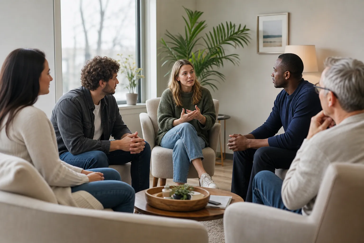 Adults Participating in a Group Therapy Session Five adults sit in a circle in a comfortable room, listening as one woman speaks during a group therapy session.