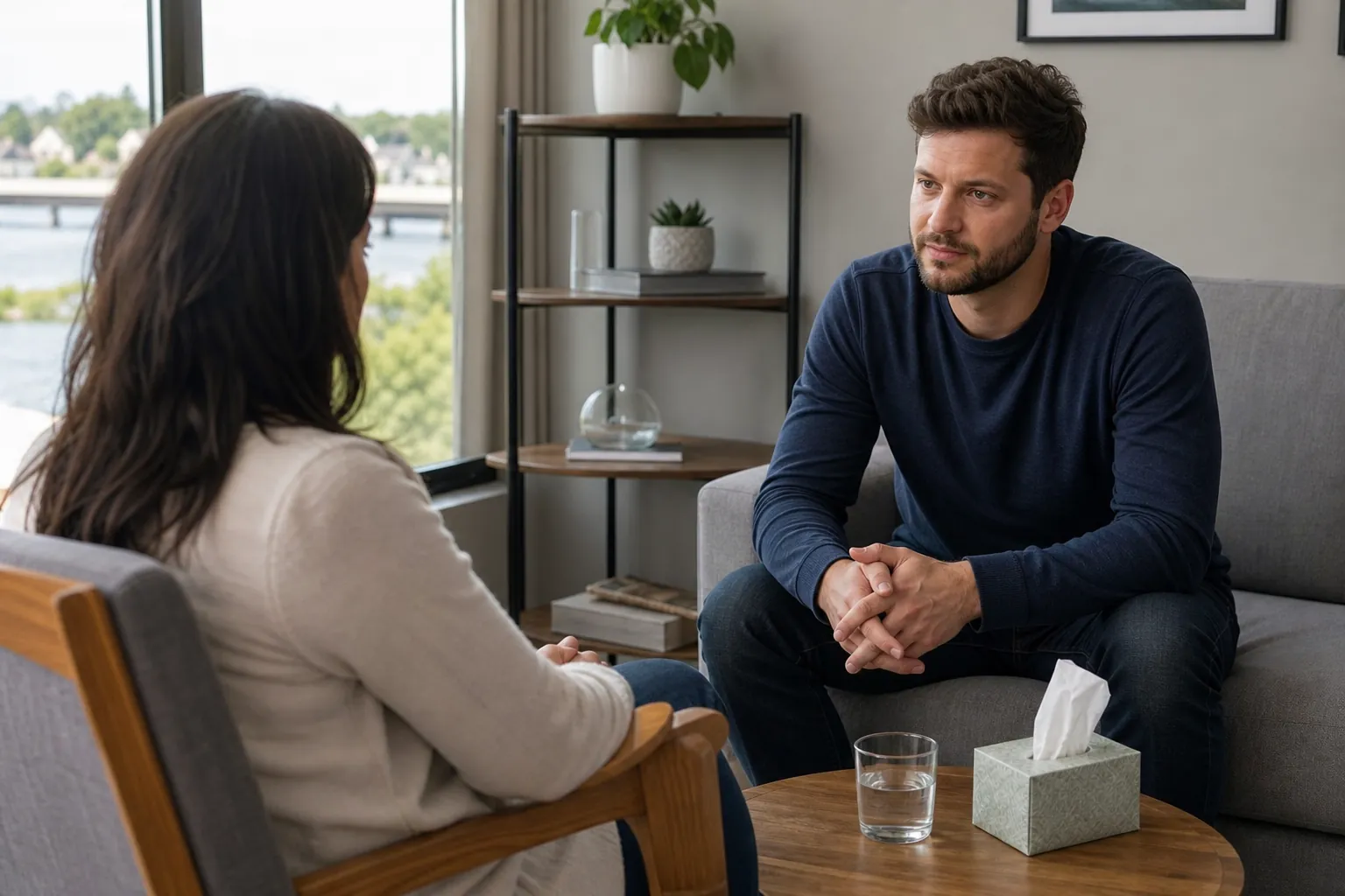 Man Meeting With a Counselor in a Private Office A man speaks with a counselor in a bright office, seated across a table with tissues and a glass of water.
