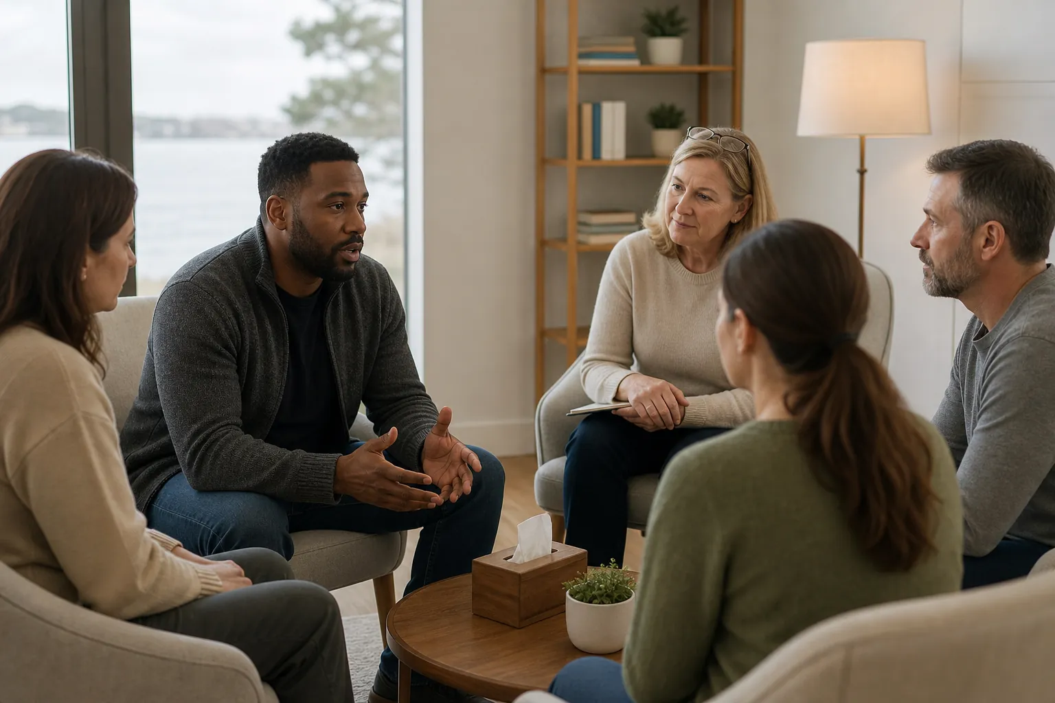 Five adults sit in a counseling circle as one man speaks and a therapist listens with a notebook.