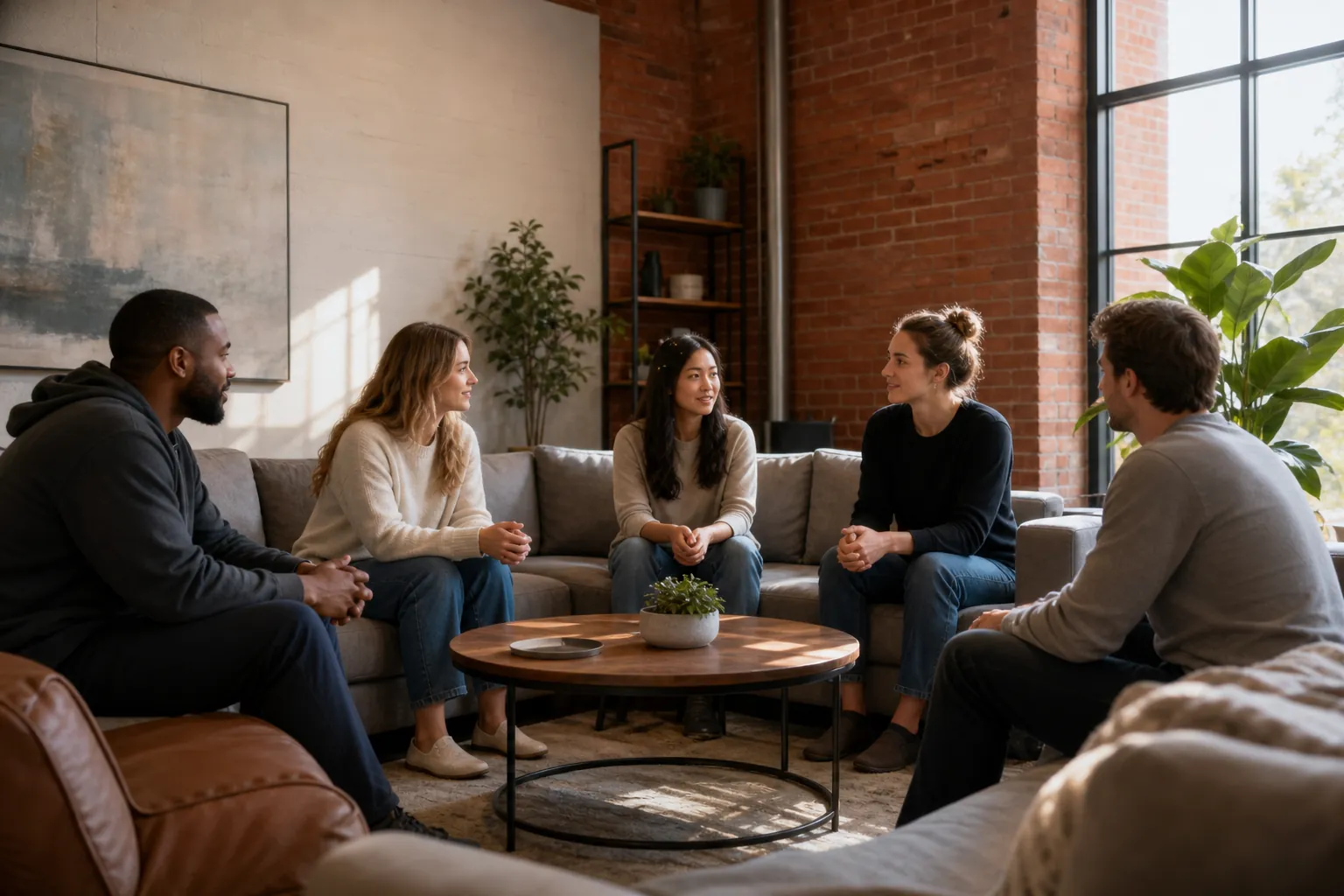 Five adults sit in a circle on sofas and chairs around a wooden coffee table in a bright room with brick walls.