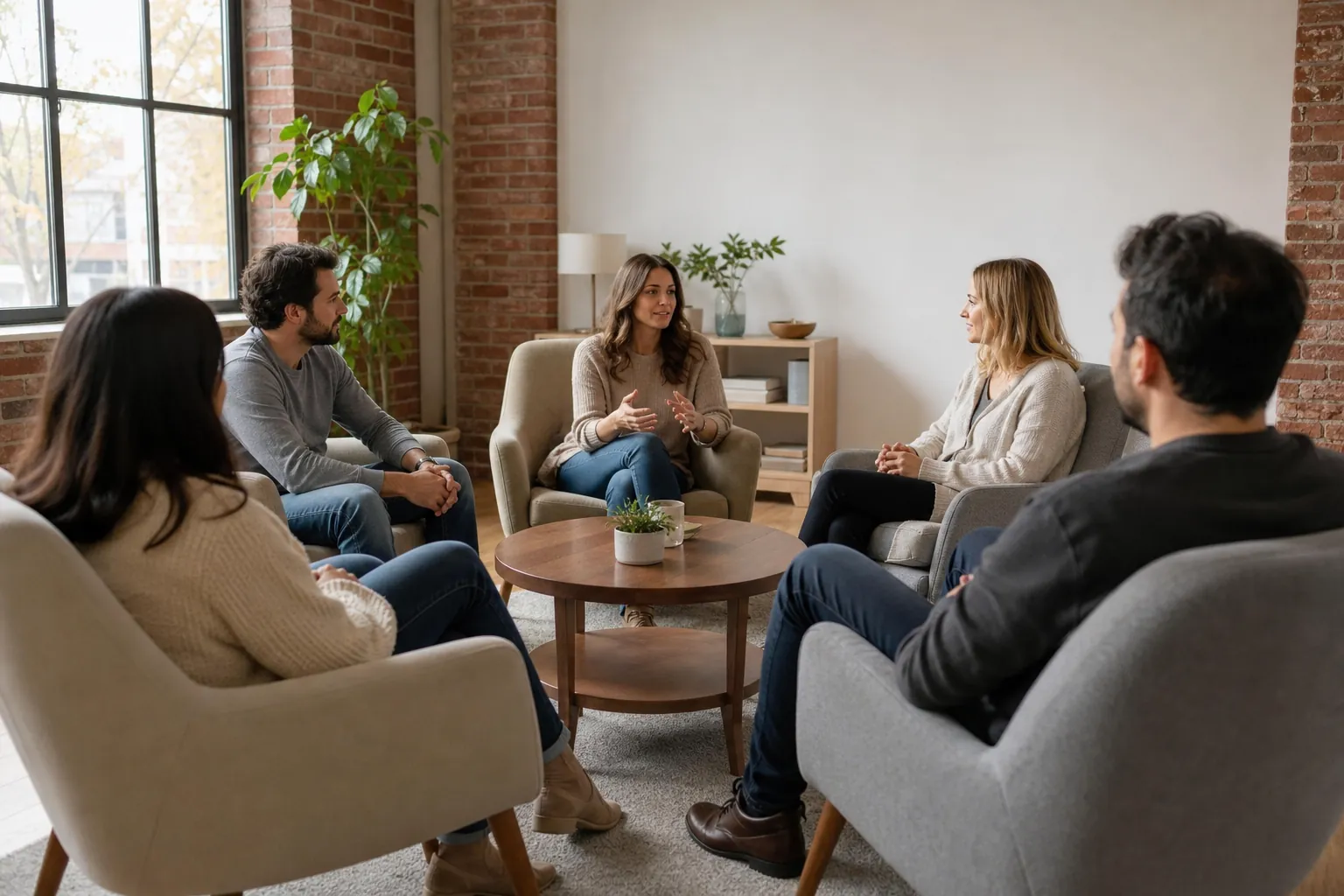 Five adults sit in a circle around a wooden coffee table as a woman gestures during a group discussion.
