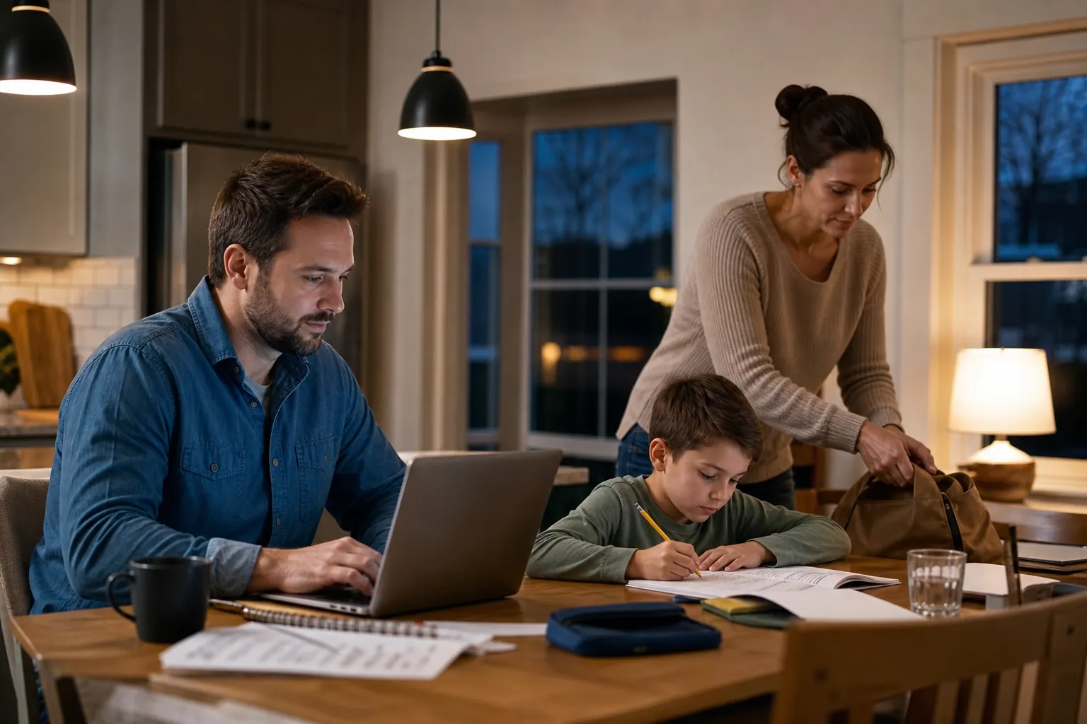 A father works on a laptop while a child does homework and a mother packs a bag in their kitchen at dusk.