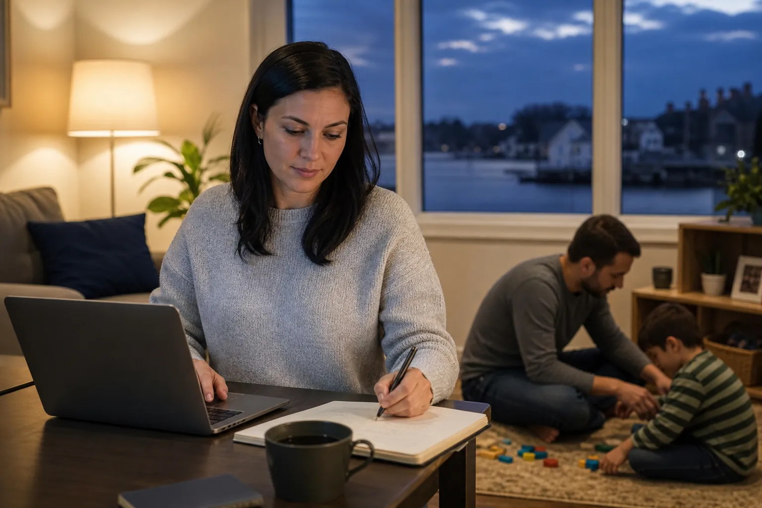 A woman works on a laptop and writes at a table while a man and child play together in a living room at dusk.