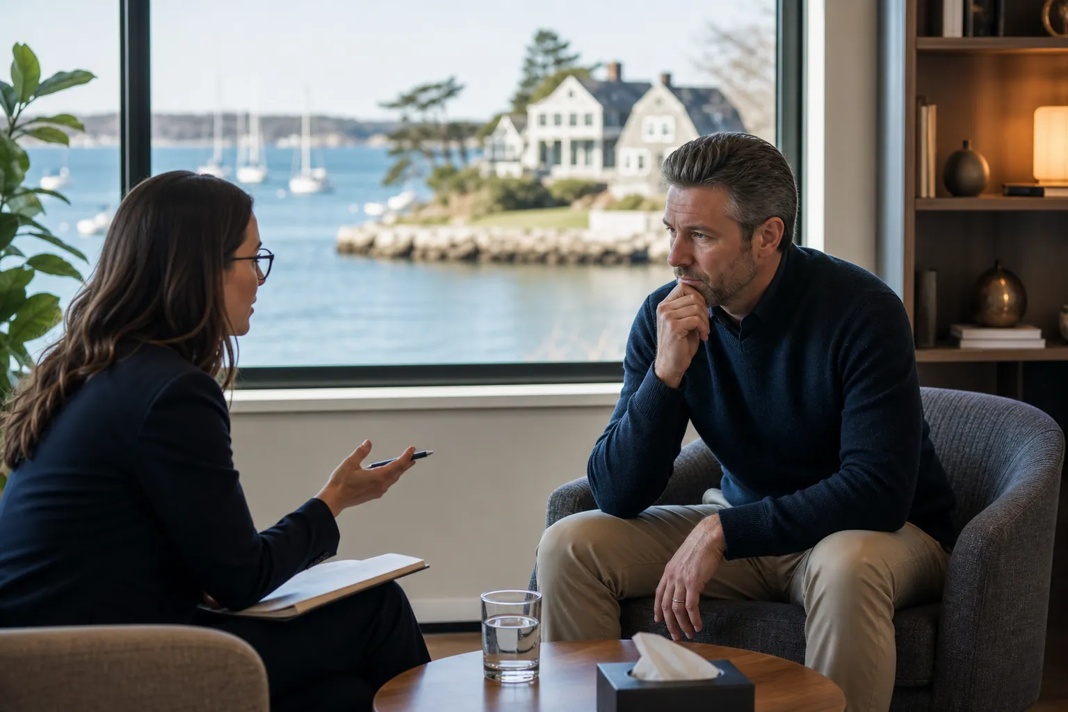 A therapist holding a pen speaks with a seated man in an office overlooking a waterfront and coastal homes.