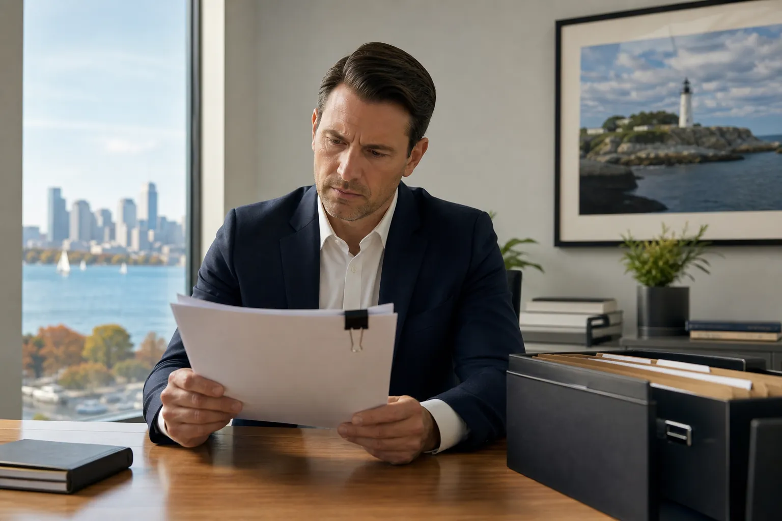 A suited man reviews clipped documents at an office desk beside a secure file box filled with folders.
