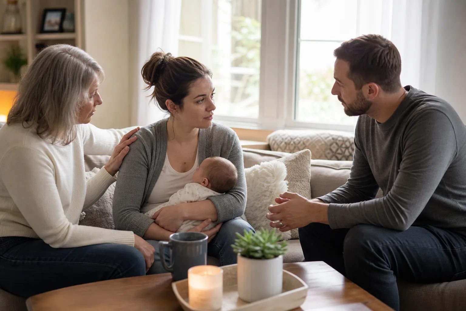 A mother cradles her baby on a sofa while an older woman rests a hand on her shoulder and a man leans forward to listen.