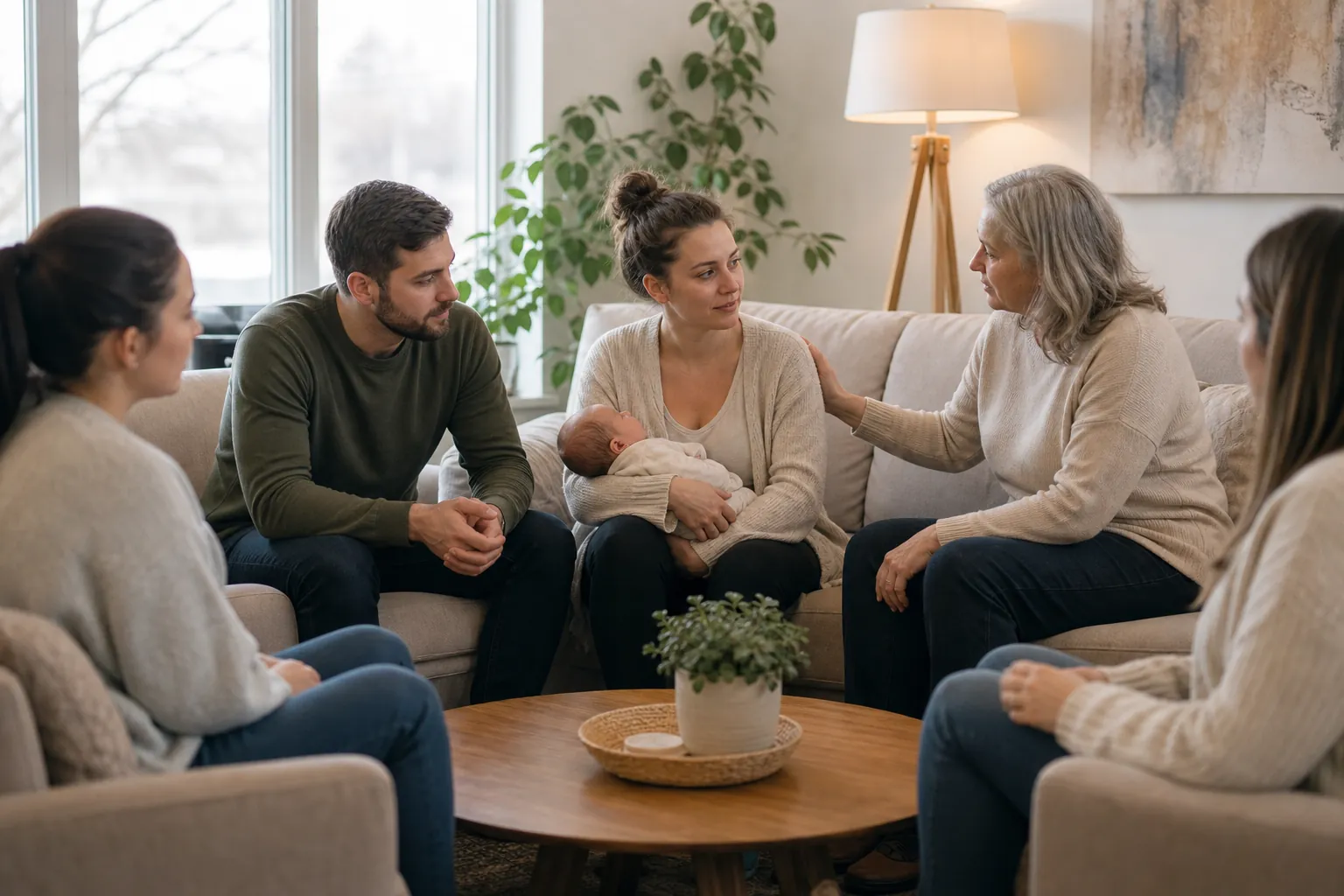 A mother cradles her newborn on a sofa while four adults gather around her, with an older woman touching her shoulder.