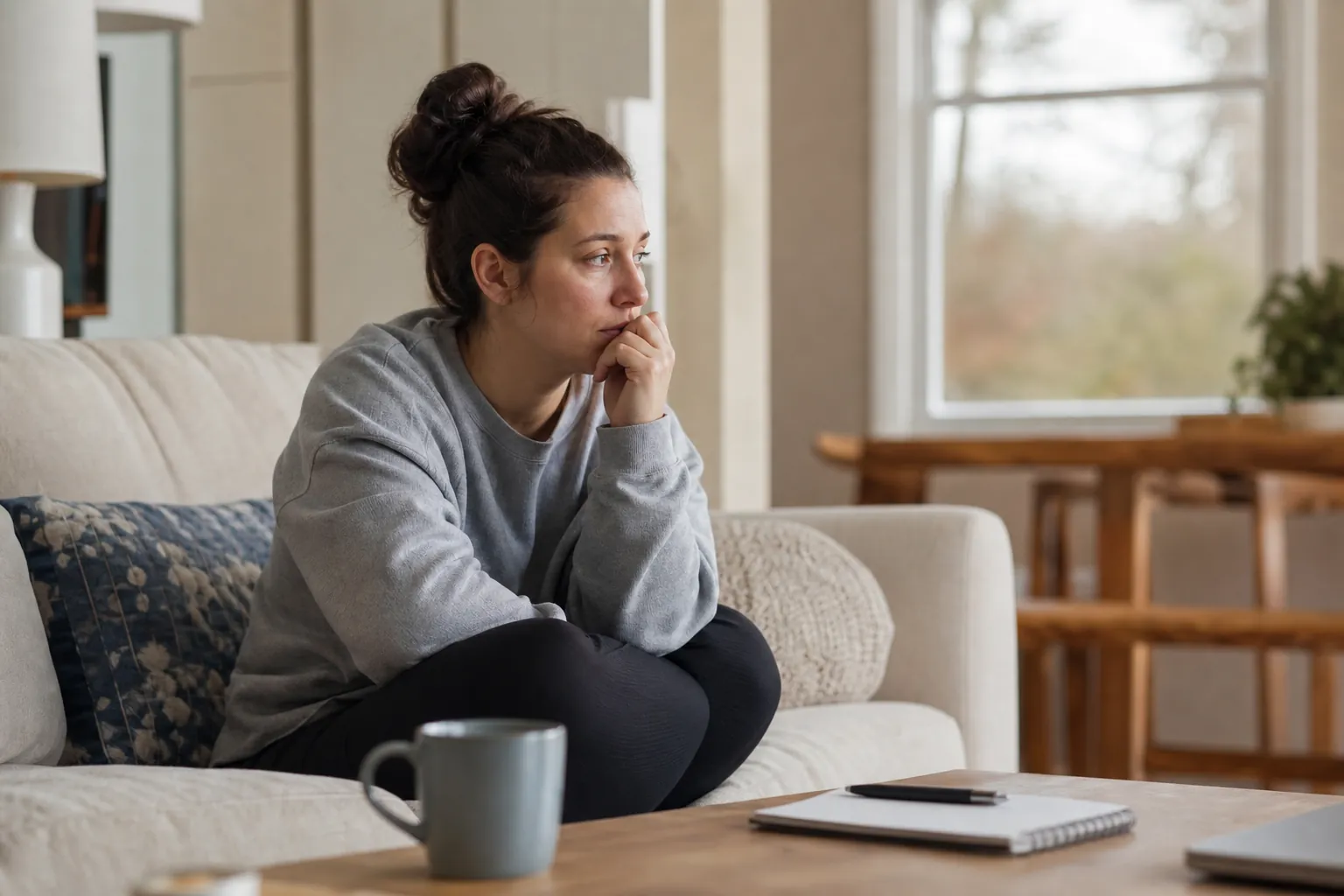 Worried woman sitting on a sofa at home Worried woman in a gray sweatshirt sits curled up on a sofa beside a mug and notebook, gazing out a window.