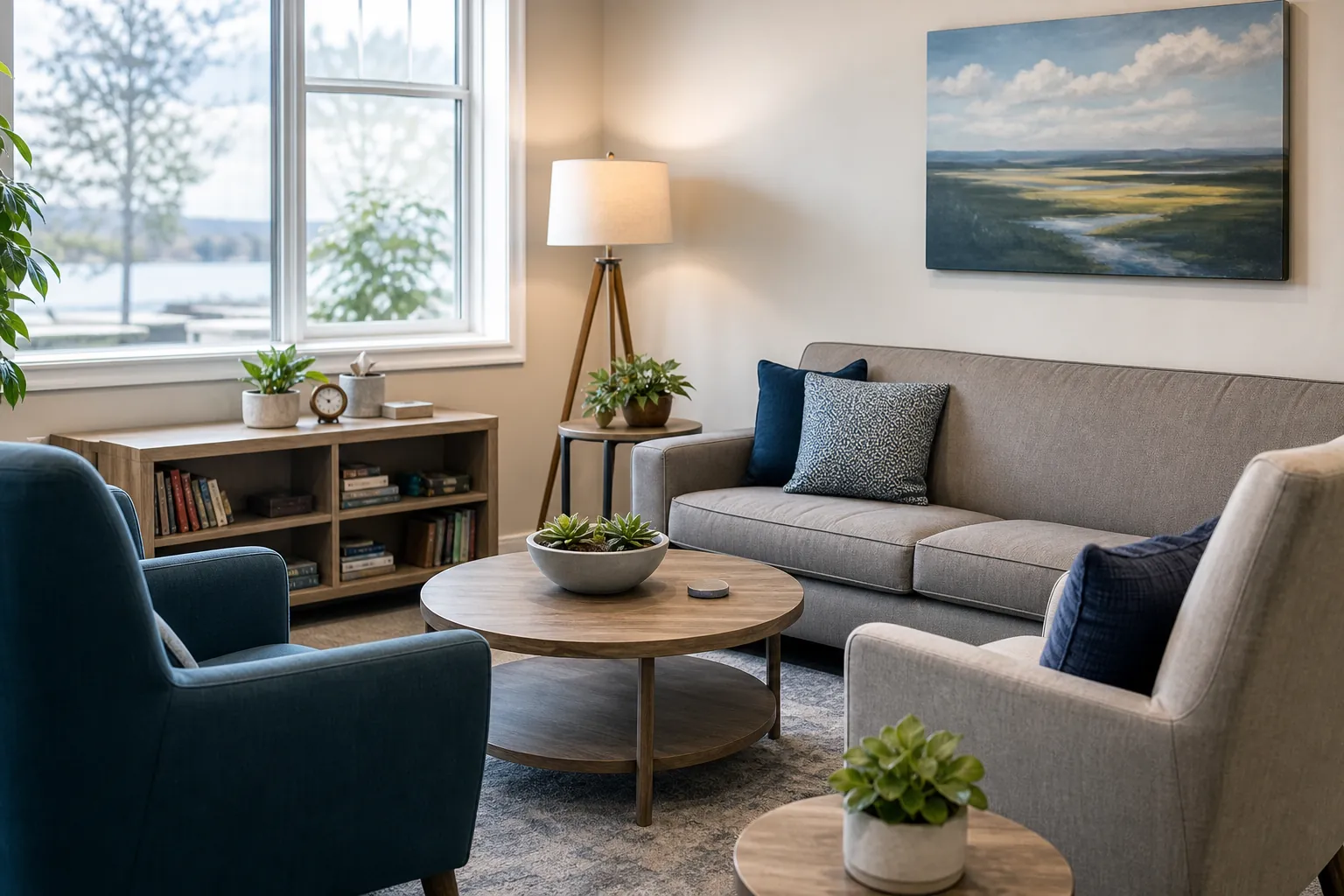 Comfortable therapy office with seating and plants Comfortable therapy office with upholstered seating, plants, books, a round coffee table, and a landscape painting.