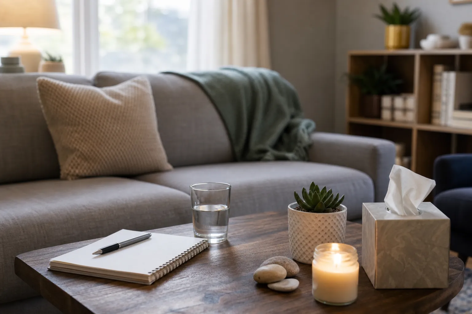 Calm and welcoming therapy room setting Calm therapy room with a sofa, notebook, water, tissues, candle, succulent, and smooth stones on a table