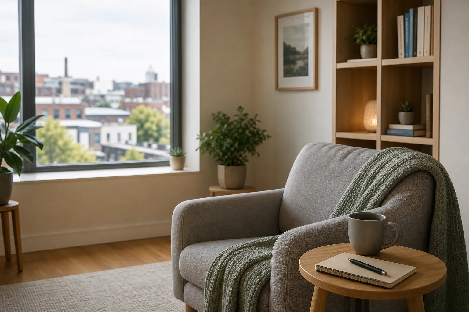 Comfortable therapy office overlooking the city Cozy therapy office with an armchair, blanket, notebook, coffee mug, plants, bookshelf, and city view
