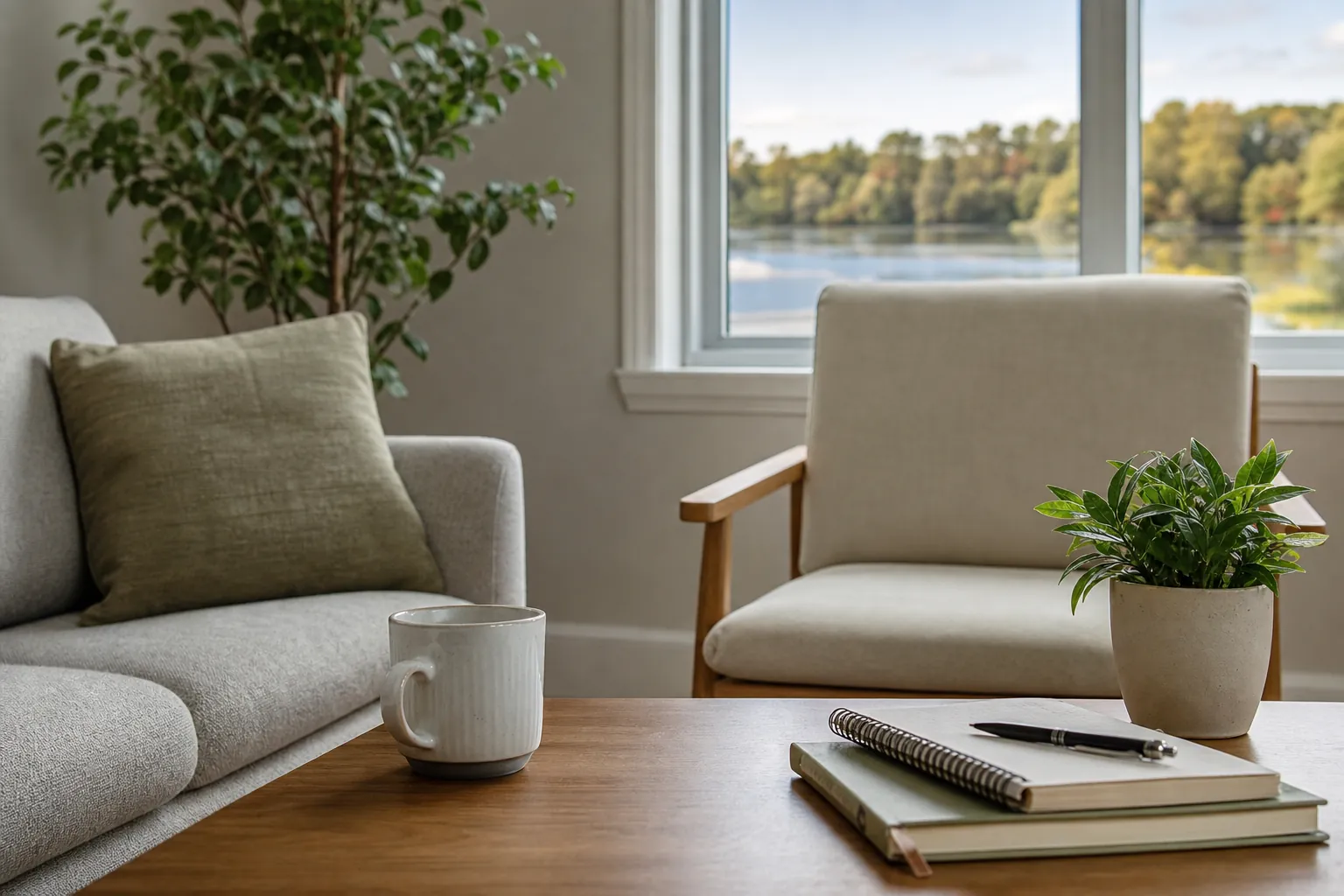 Quiet therapy office with two upholstered seats, a mug, notebook, pen, plants, and a window overlooking water.