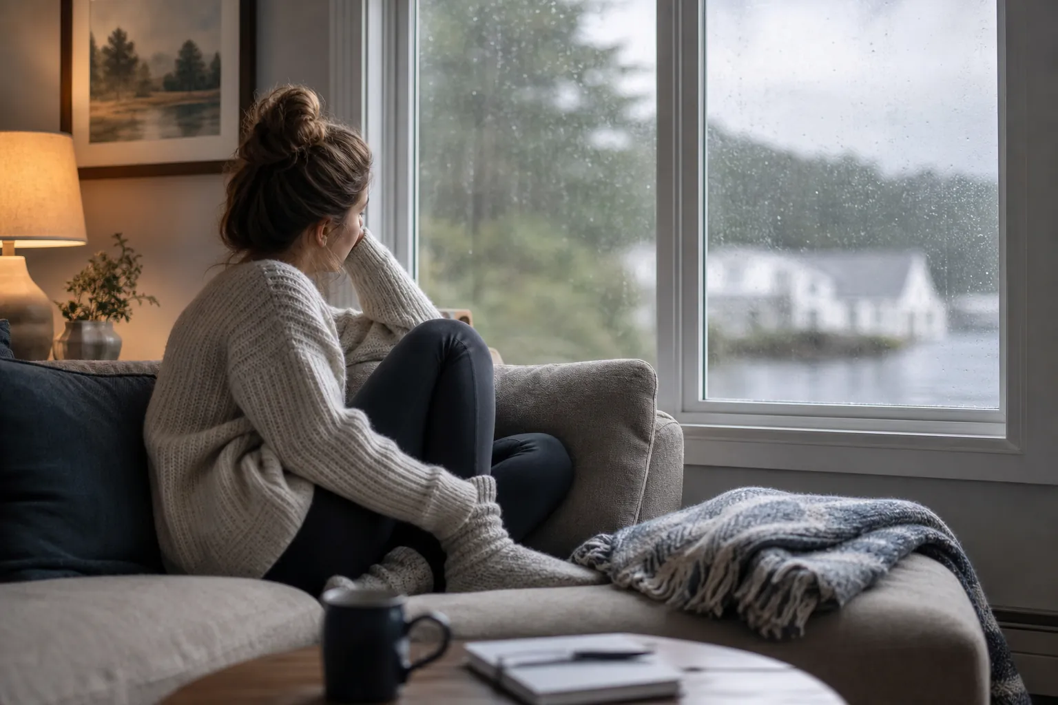 A contemplative woman curled up on a sofa looks through a rain-speckled window toward a waterfront home.