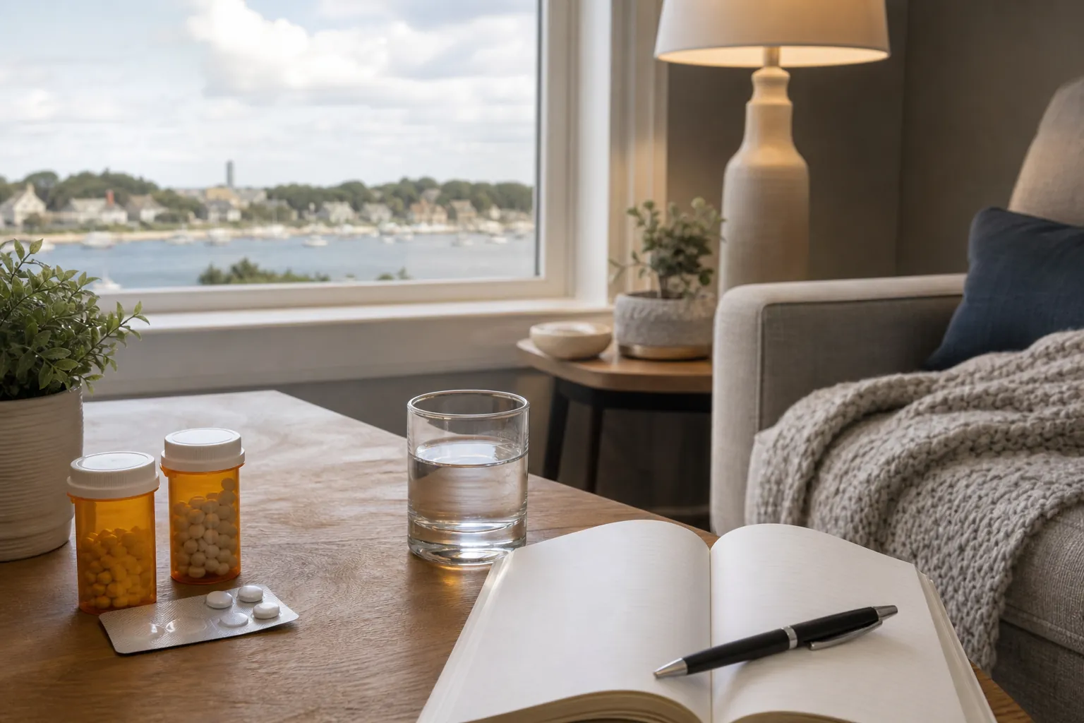 Medicine bottles and notebook beside a glass of water