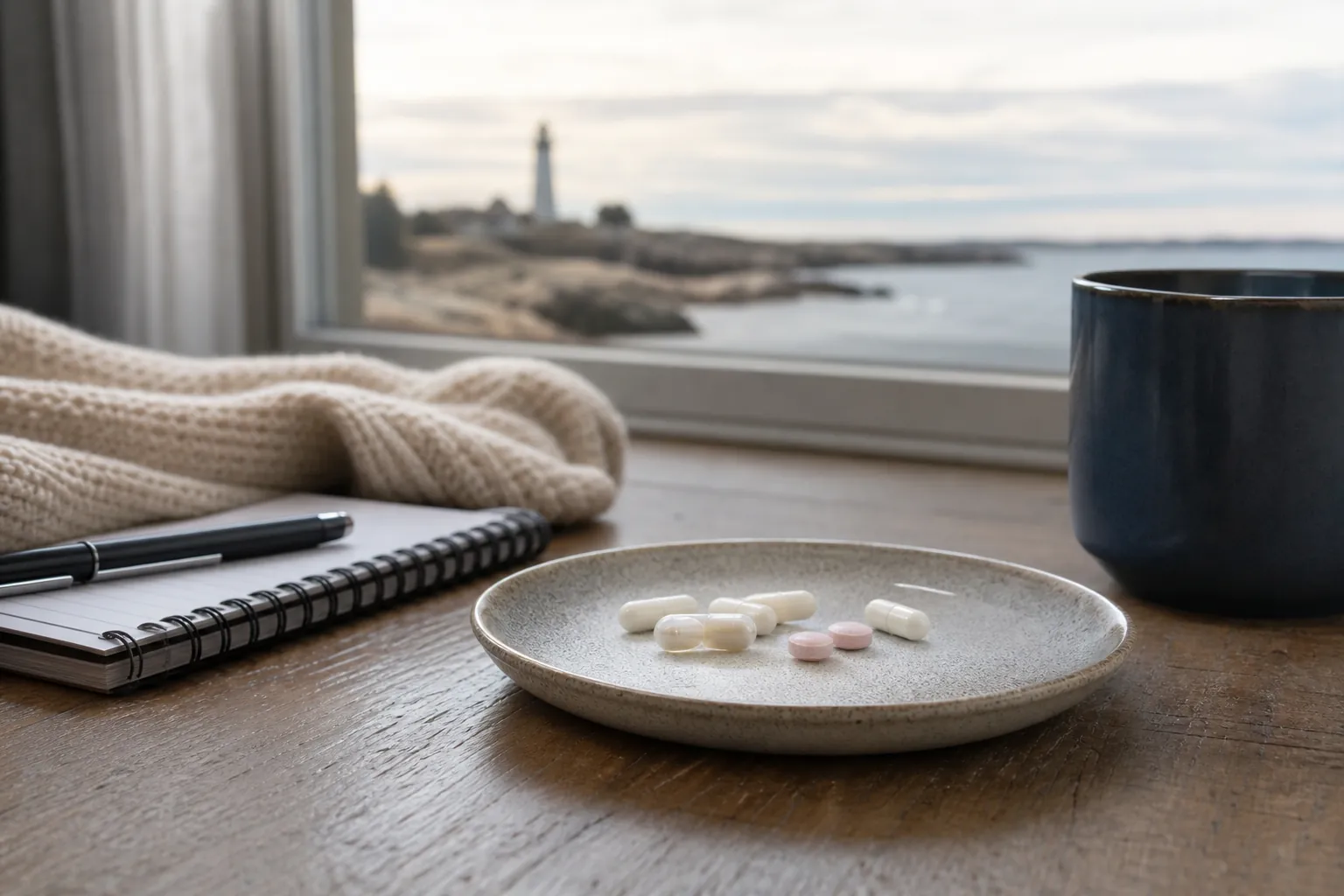 Tablets beside a notebook and mug