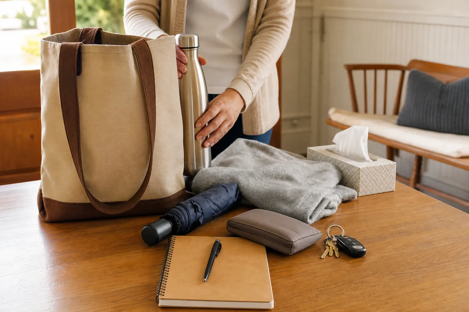 Person packing a tote with a water bottle beside a sweater, tissues, umbrella, notebook, wallet, and keys.