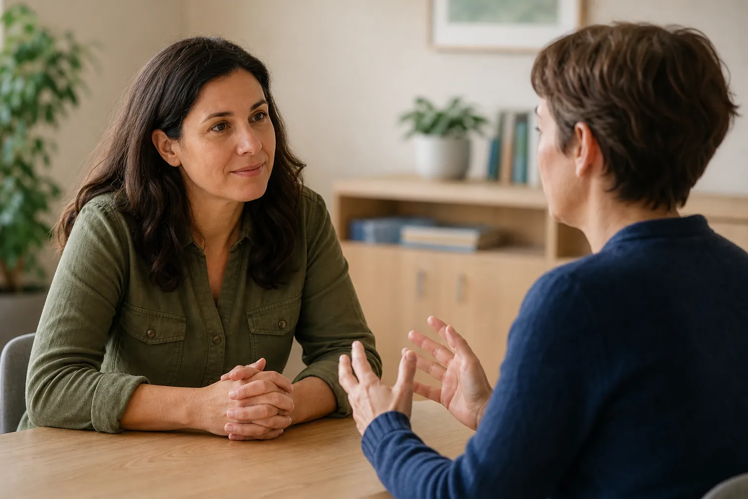 Two Adults Having a Supportive Conversation Two adults sit across a wooden table, one listening with clasped hands while the other gestures during a conversation.