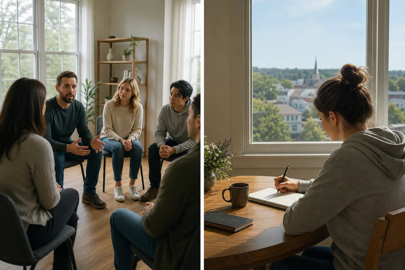 Group Discussion and Quiet Journaling by a Window Split view of five adults in a group discussion and a woman writing in a notebook beside a window overlooking town.